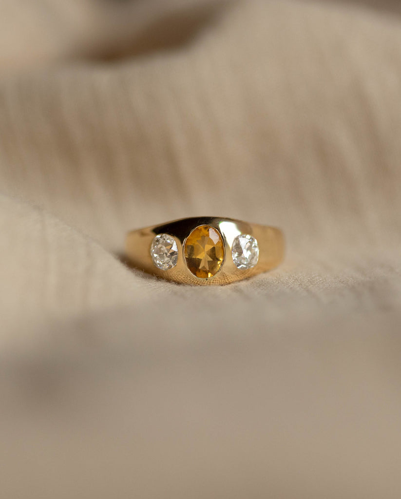 Esther Antique 18ct Gold Citrine & Diamond Trilogy Rubover Ring
