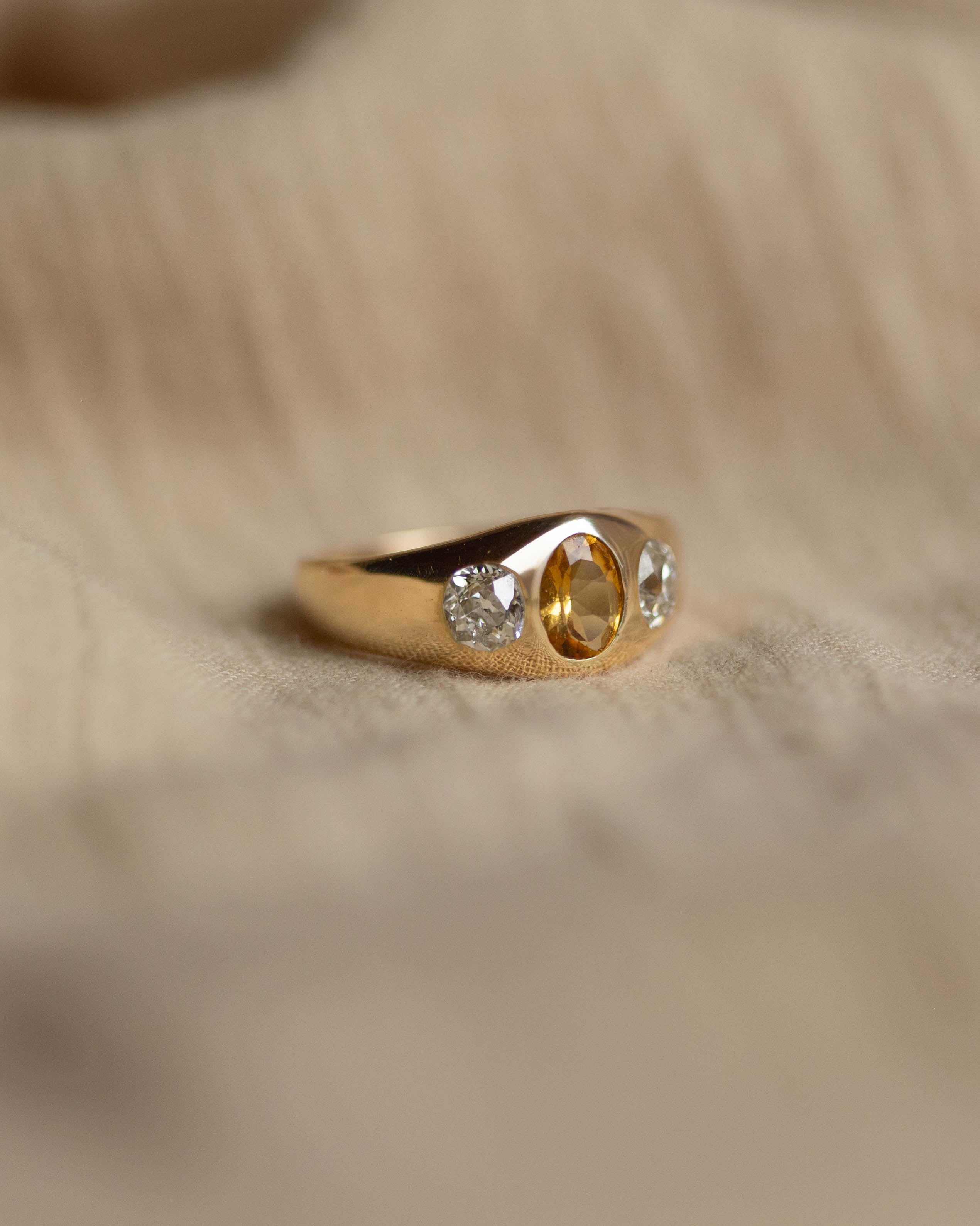 Esther Antique 18ct Gold Citrine & Diamond Trilogy Rubover Ring