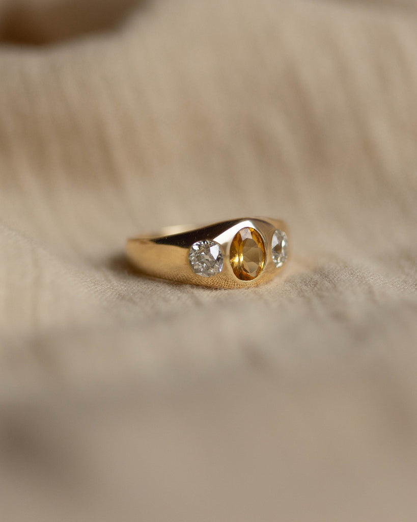 Esther Antique 18ct Gold Citrine & Diamond Trilogy Rubover Ring
