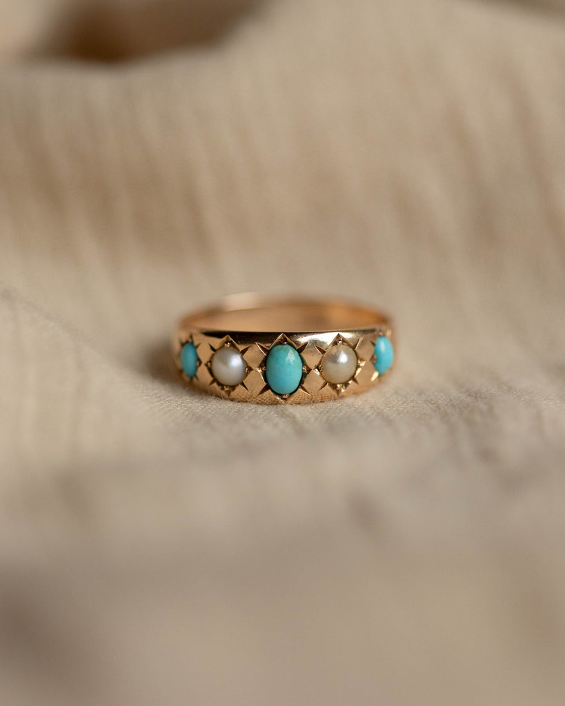Sylvia Antique 18ct Gold Turquoise & Pearl Five Stone Ring
