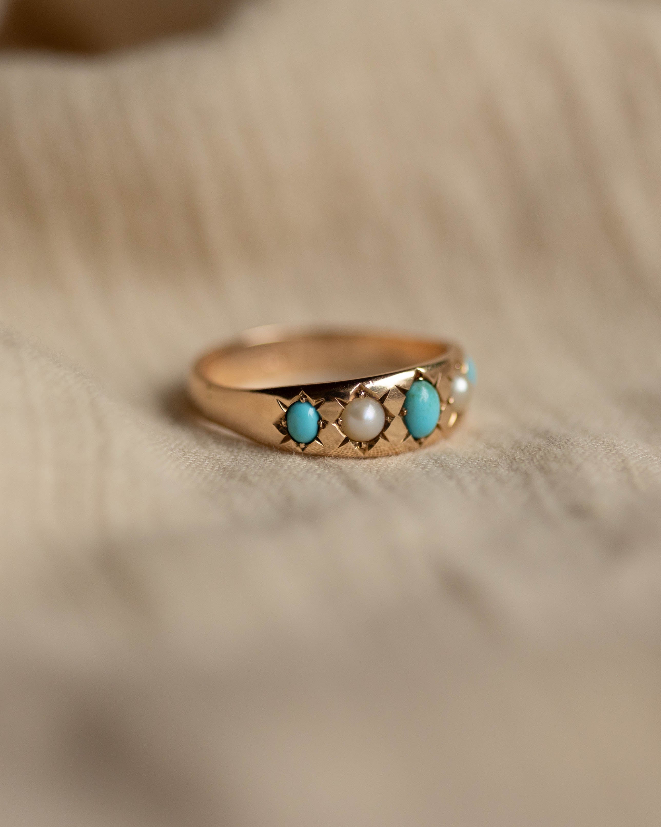 Sylvia Antique 18ct Gold Turquoise & Pearl Five Stone Ring