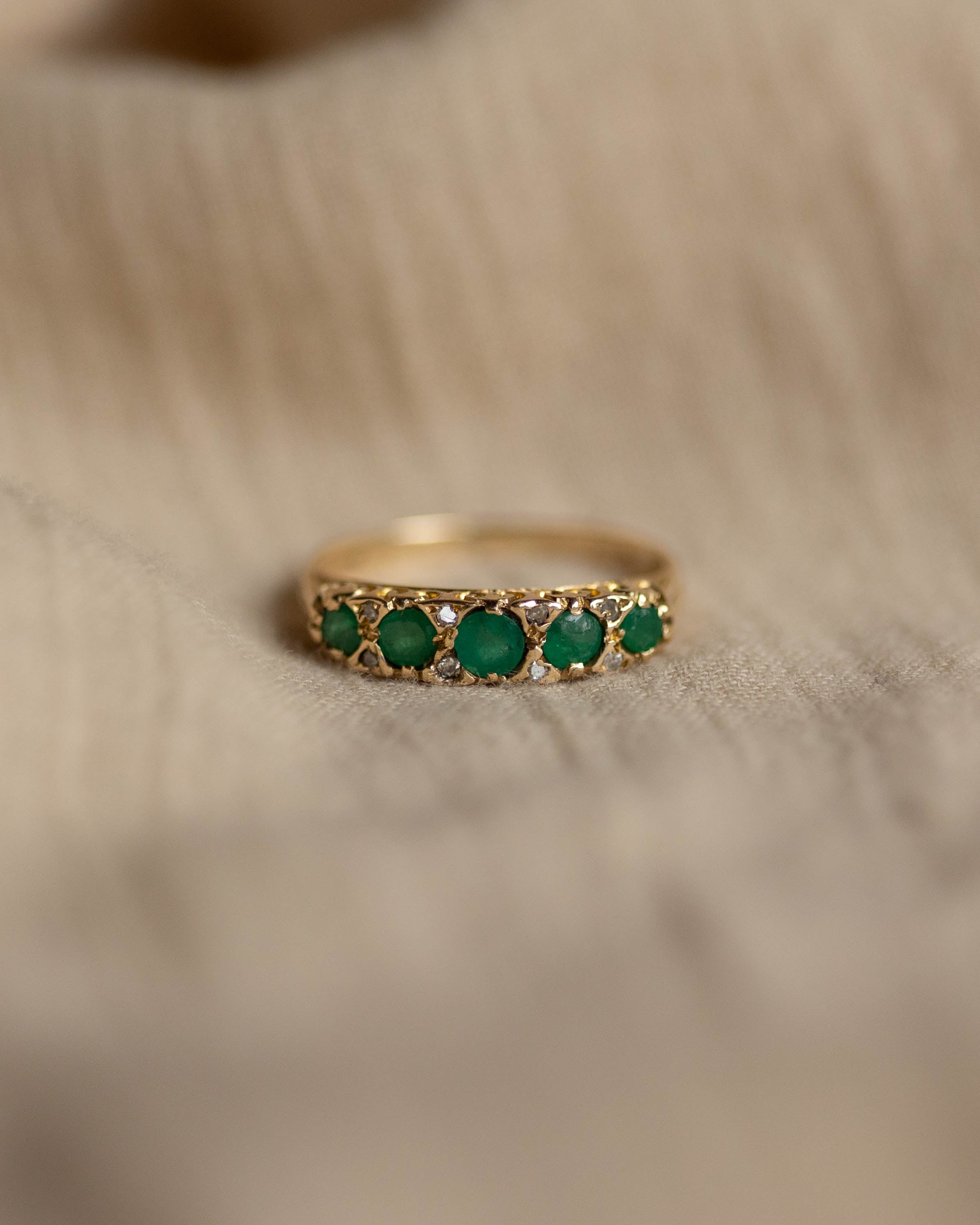 Image of Alethia 1974 Vintage 9ct Gold Emerald & Diamond Five Stone Ring