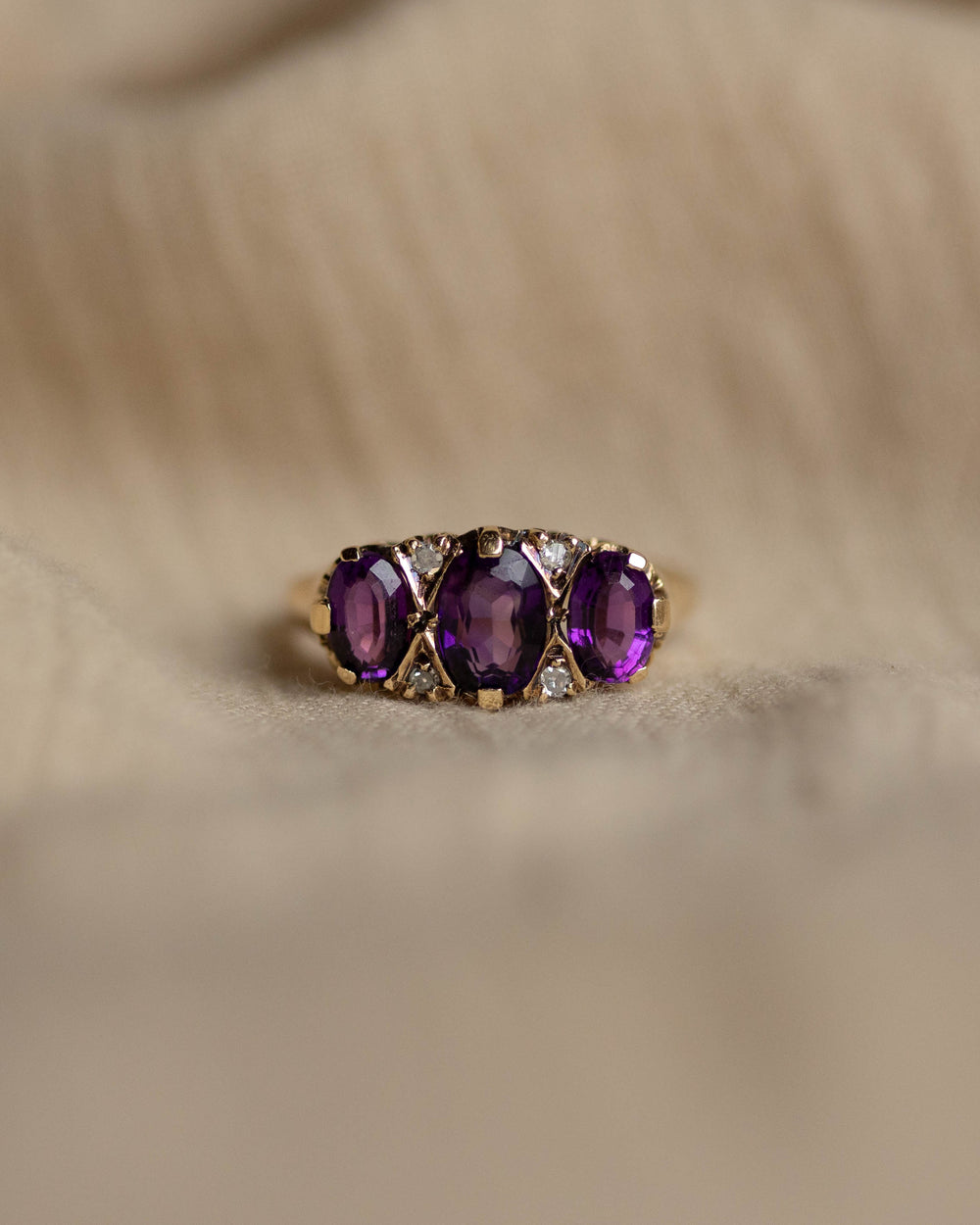 Olivia 1975 Vintage 9ct Gold Amethyst & Diamond Trilogy Ring