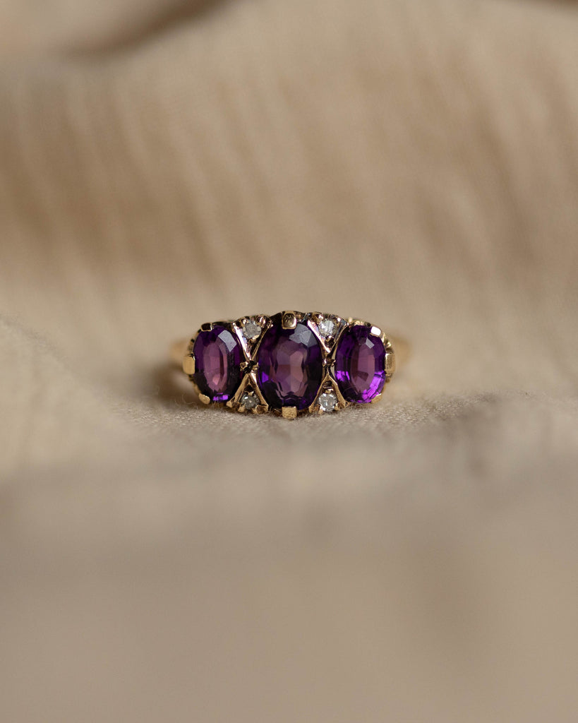 Olivia 1975 Vintage 9ct Gold Amethyst & Diamond Trilogy Ring