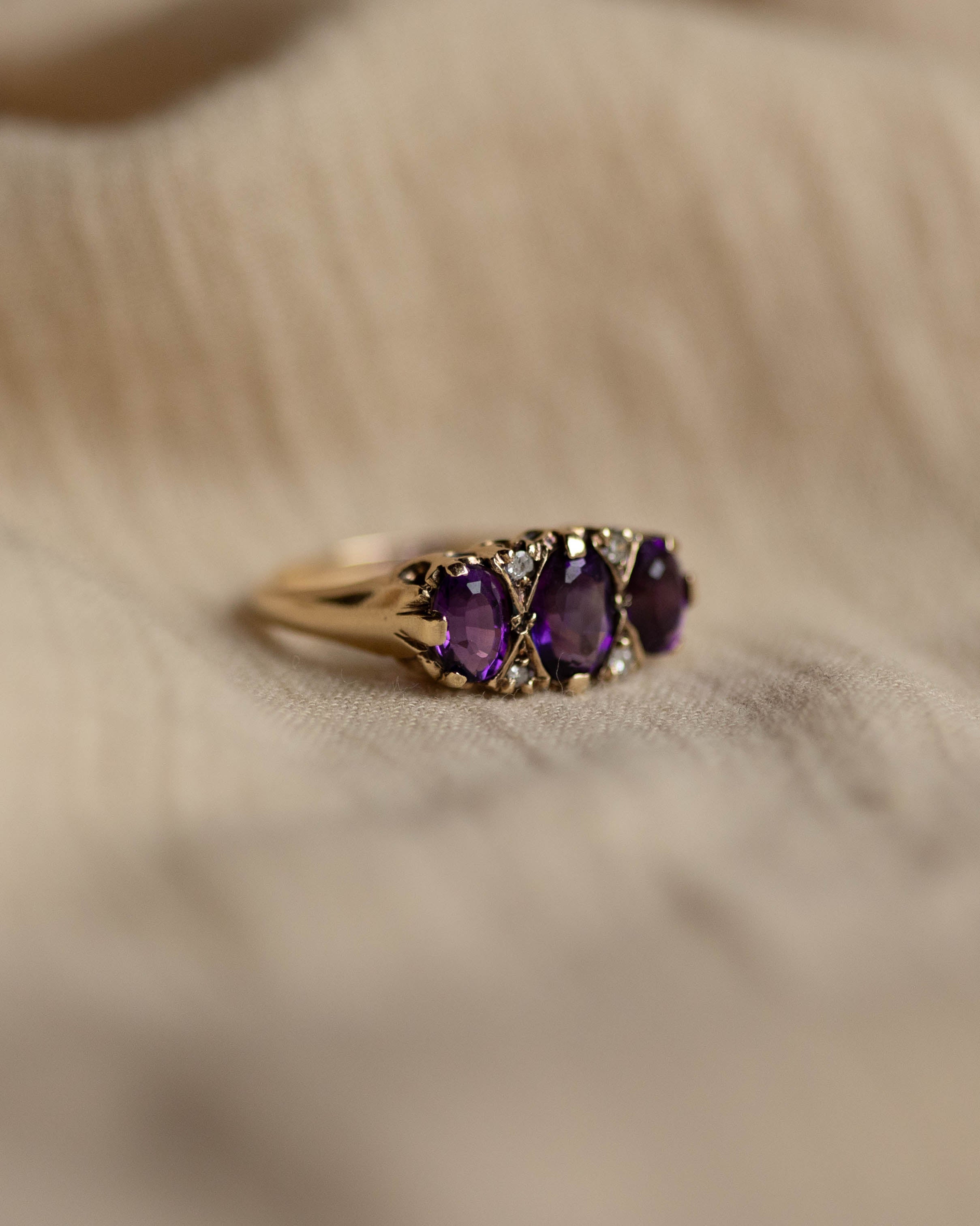 Olivia 1975 Vintage 9ct Gold Amethyst & Diamond Trilogy Ring