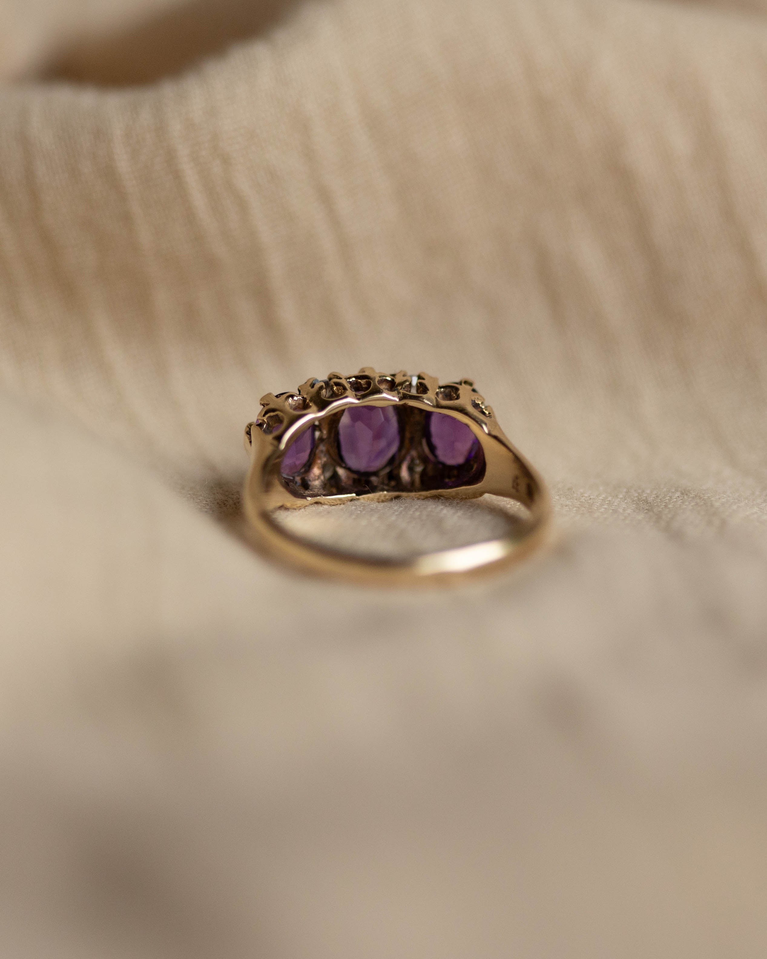 Olivia 1975 Vintage 9ct Gold Amethyst & Diamond Trilogy Ring