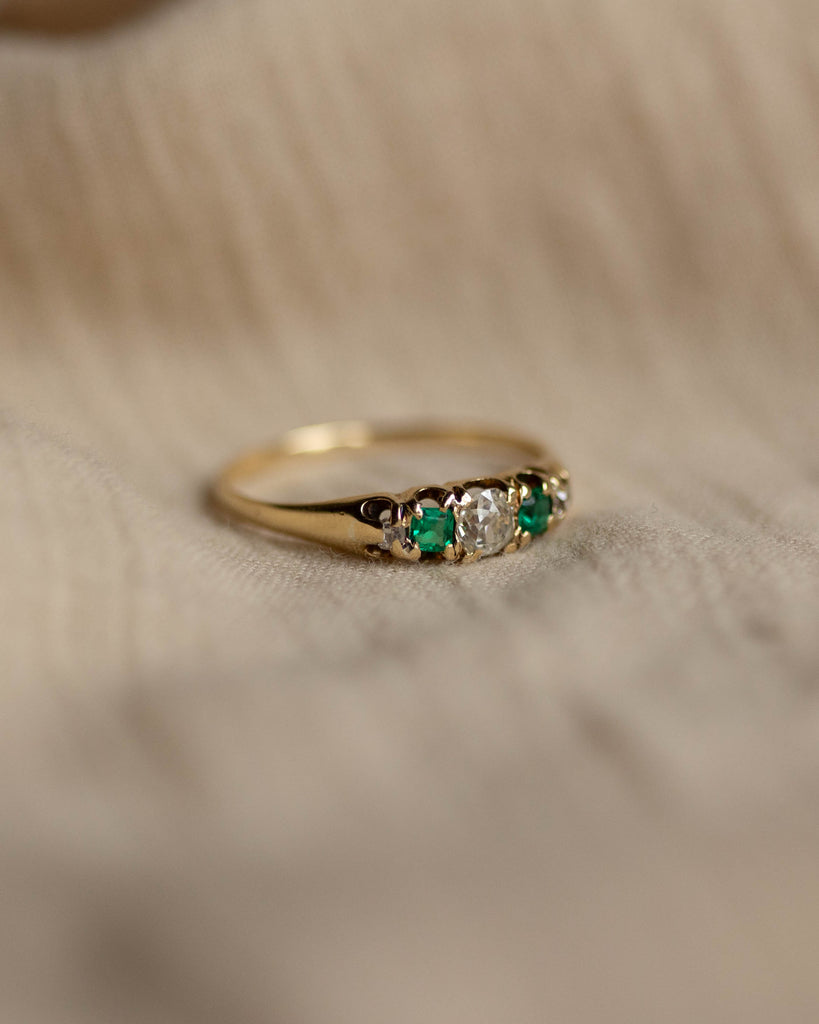 Augusta Antique 18ct Gold Emerald & Diamond Five Stone Ring