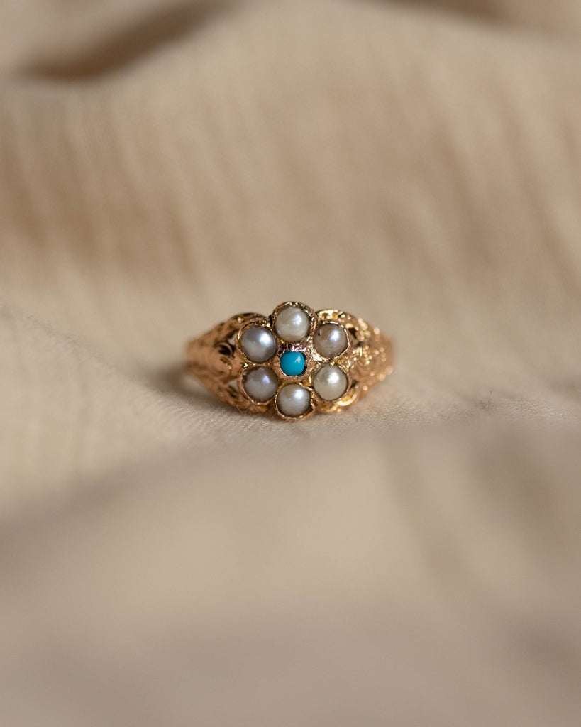 Ophelia 1966 Vintage 9ct Gold Turquoise & Pearl Cluster Ring