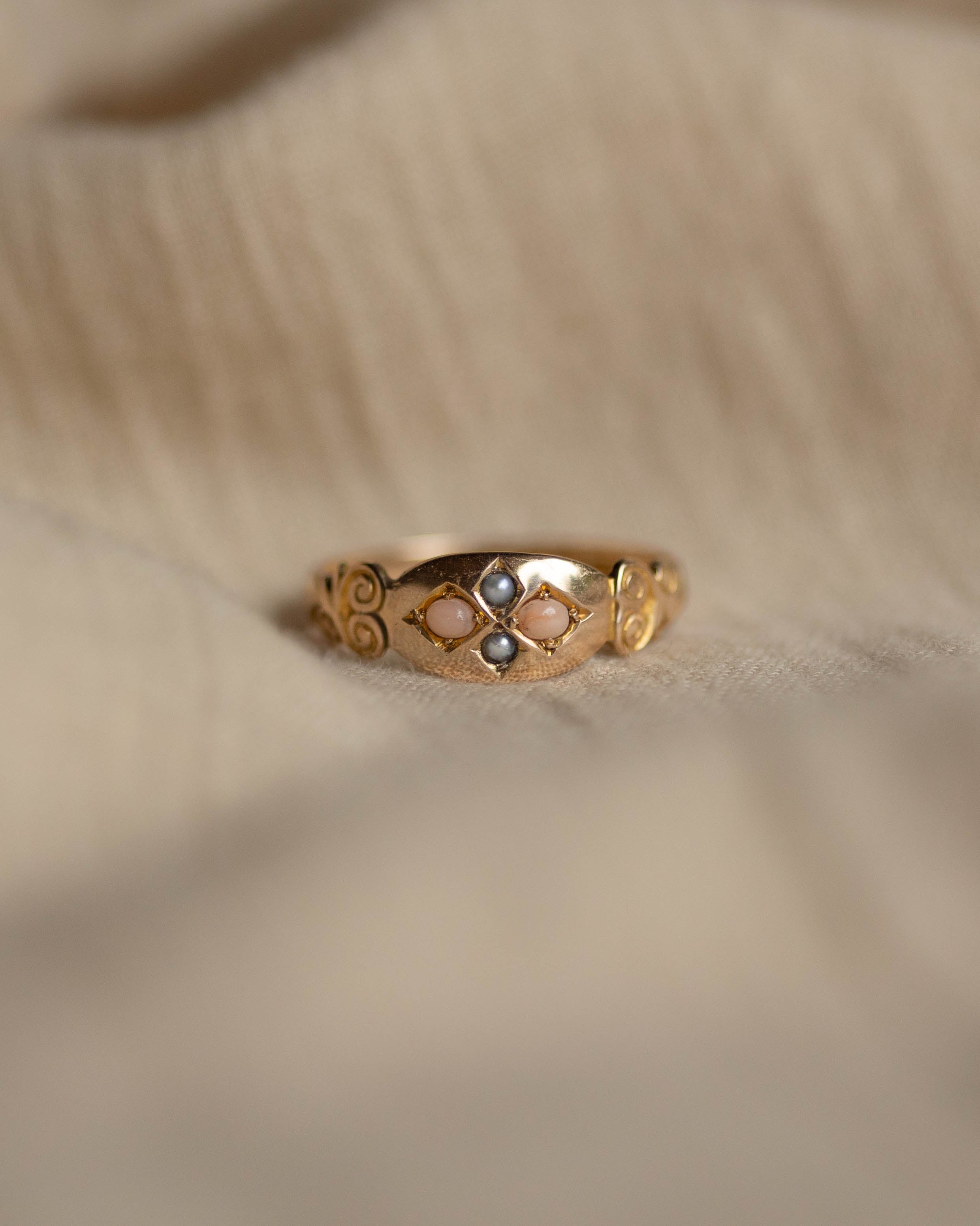 Caitlin 1901 Antique 9ct Gold Coral & Pearl Four Stone Ring