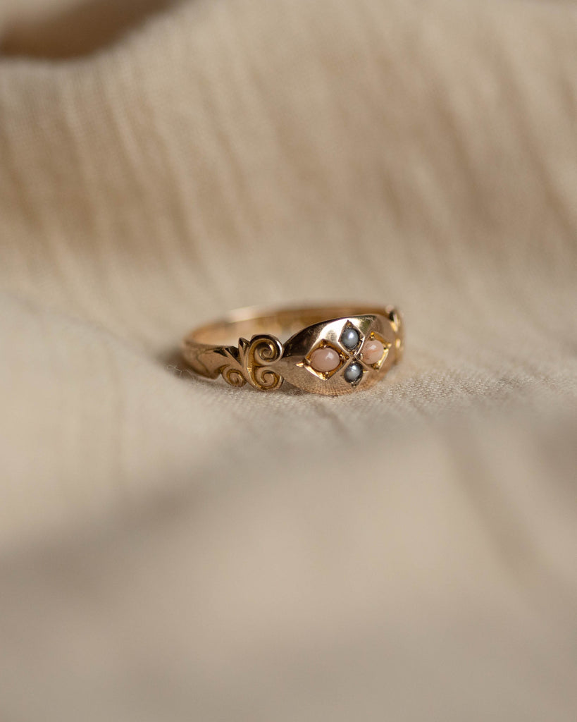 Caitlin 1901 Antique 9ct Gold Coral & Pearl Four Stone Ring