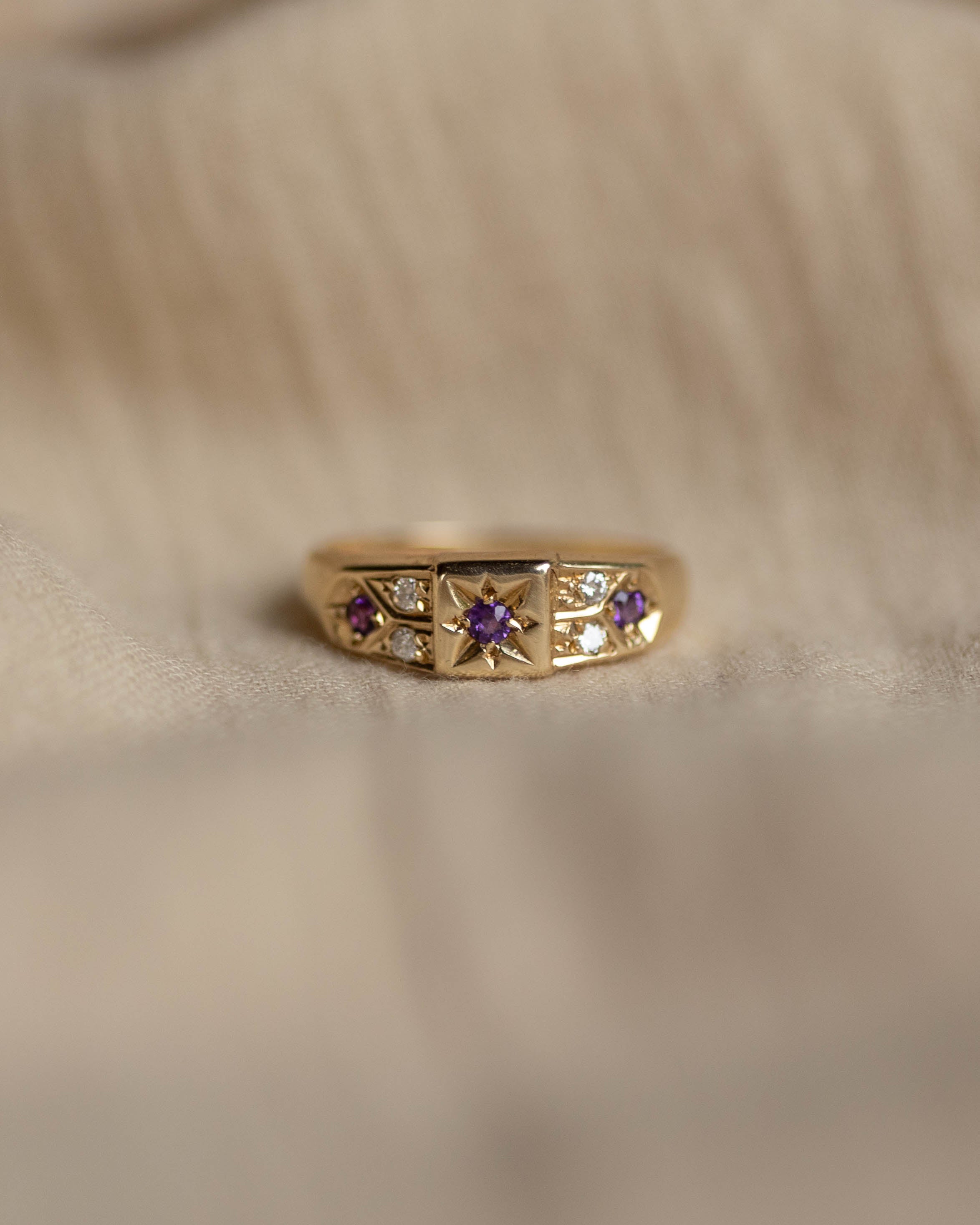 Penelope Vintage 9ct Gold Amethyst & Diamond Seven Stone Ring