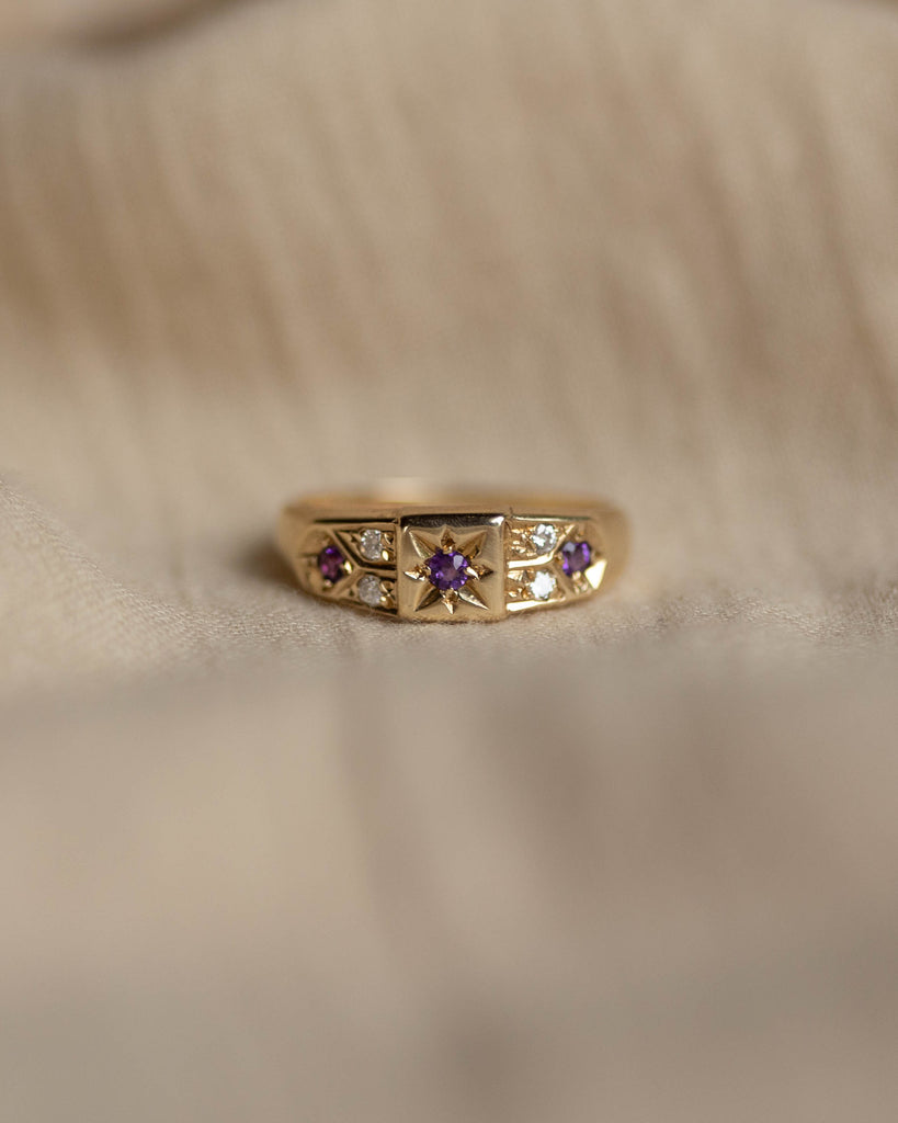 Penelope Vintage 9ct Gold Amethyst & Diamond Seven Stone Ring