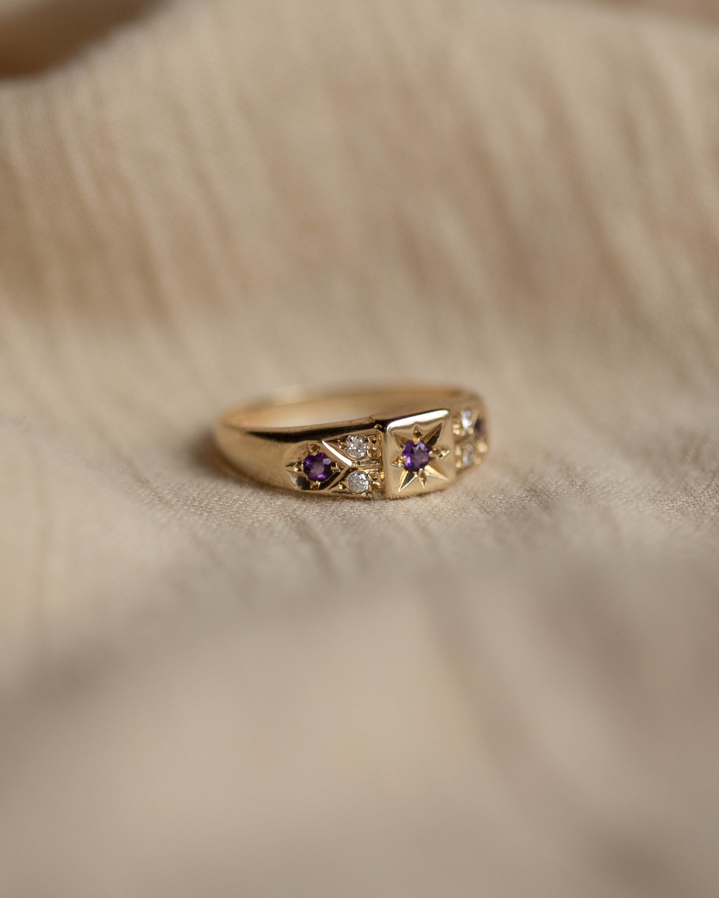 Penelope Vintage 9ct Gold Amethyst & Diamond Seven Stone Ring