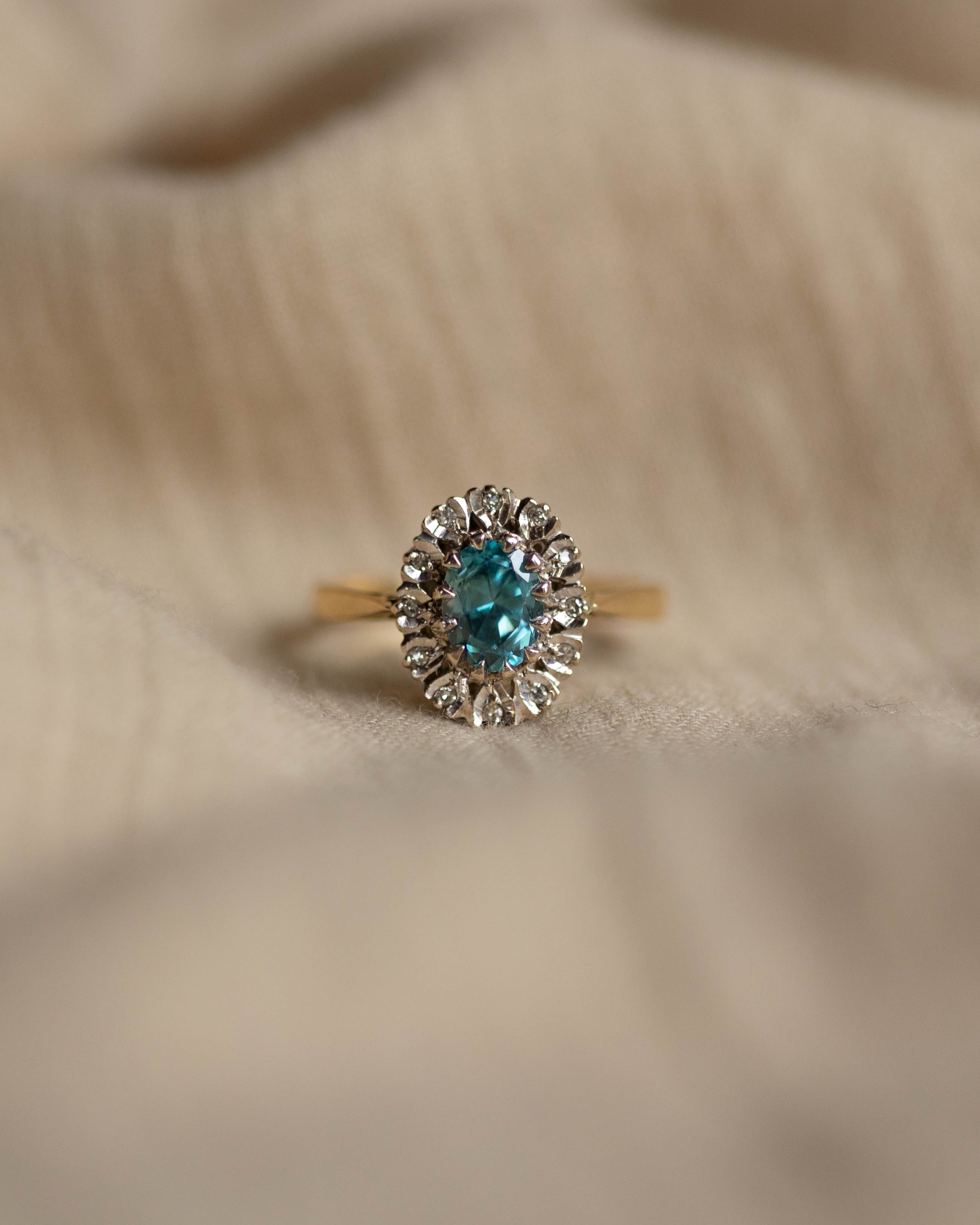 Josephine 1970 Vintage 18ct Gold Blue Zircon & Diamond Cluster Ring