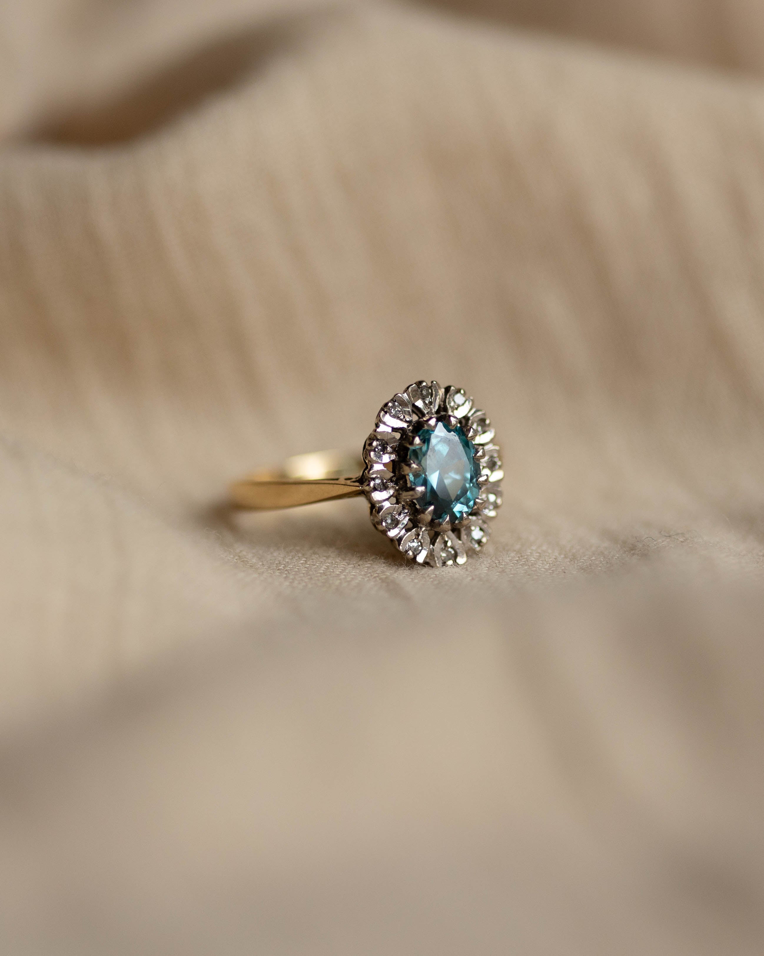 Josephine 1970 Vintage 18ct Gold Blue Zircon & Diamond Cluster Ring