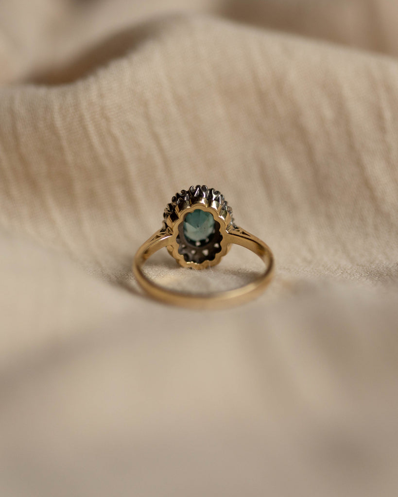 Josephine 1970 Vintage 18ct Gold Blue Zircon & Diamond Cluster Ring
