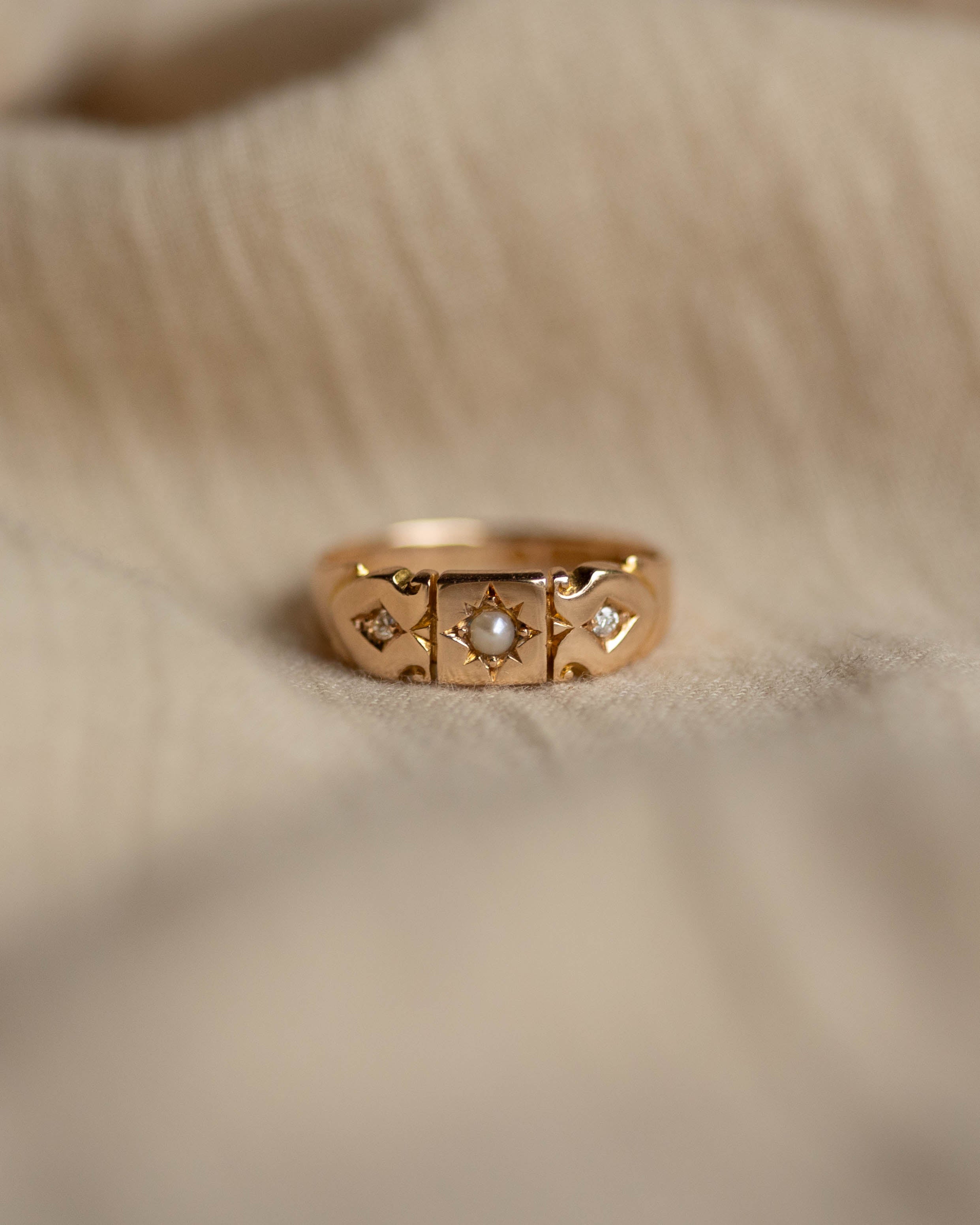 Eimear 1882 Antique 15ct Gold Pearl & Diamond Trilogy Ring