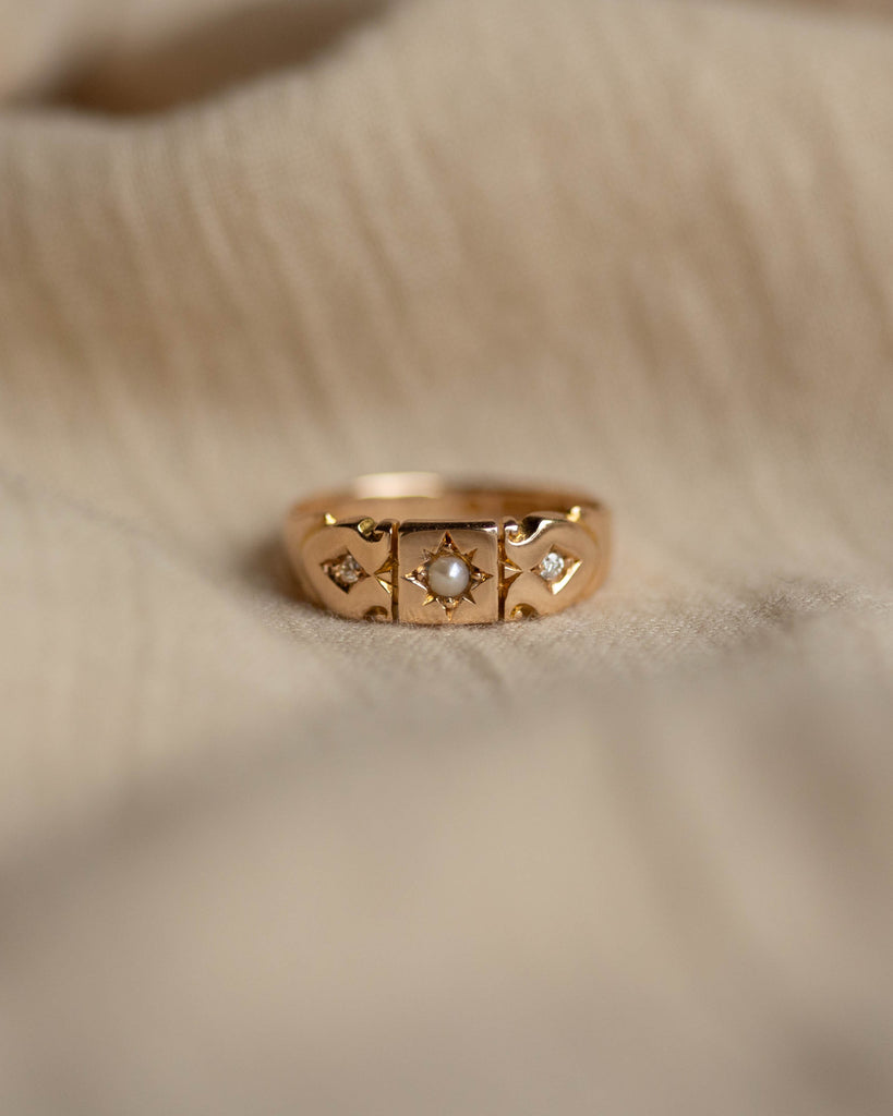 Eimear 1882 Antique 15ct Gold Pearl & Diamond Trilogy Ring