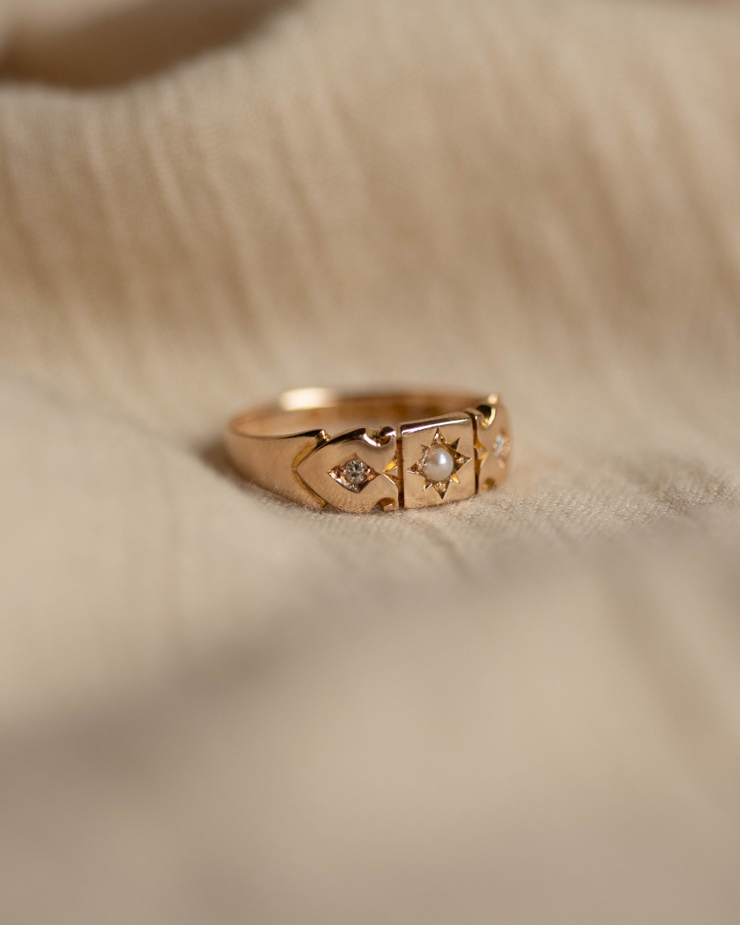 Eimear 1882 Antique 15ct Gold Pearl & Diamond Trilogy Ring
