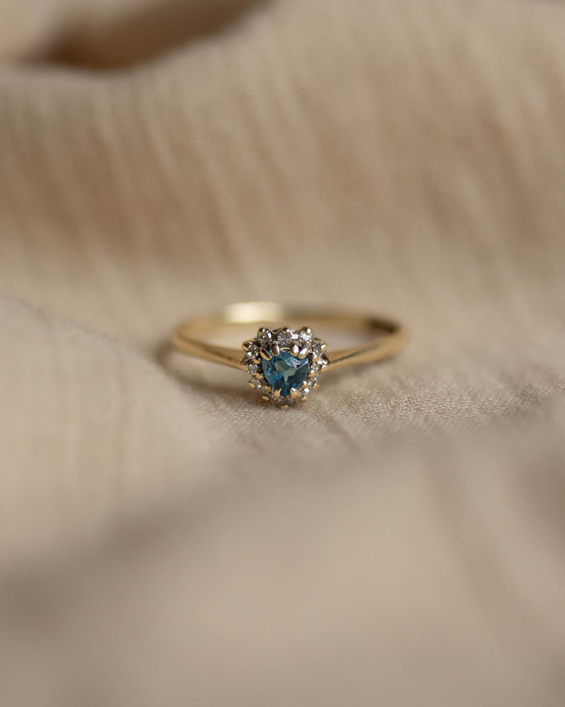 Rosalie 1990 Vintage 9ct Gold Blue Topaz & Diamond Heart Cluster Ring