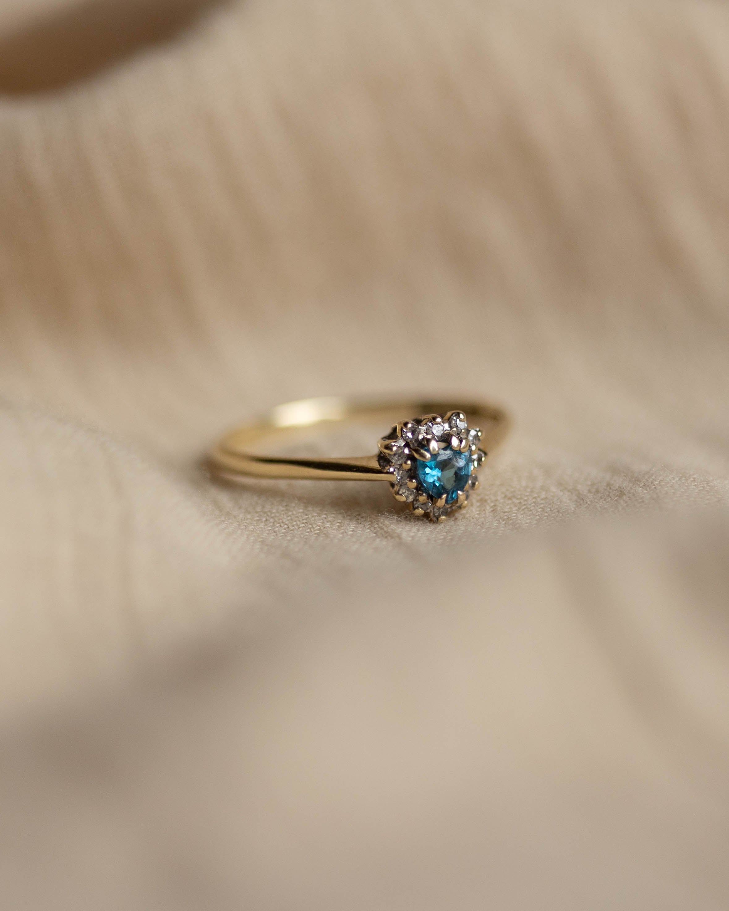 Rosalie 1990 Vintage 9ct Gold Blue Topaz & Diamond Heart Cluster Ring