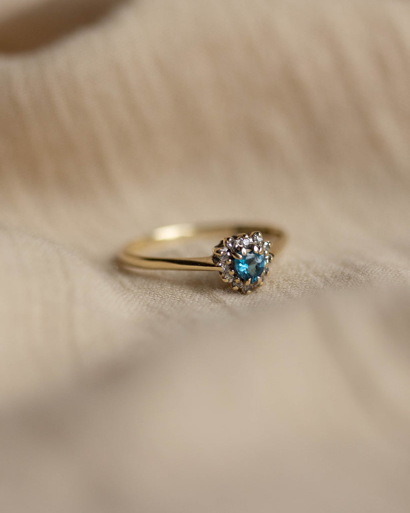 Rosalie 1990 Vintage 9ct Gold Blue Topaz & Diamond Heart Cluster Ring