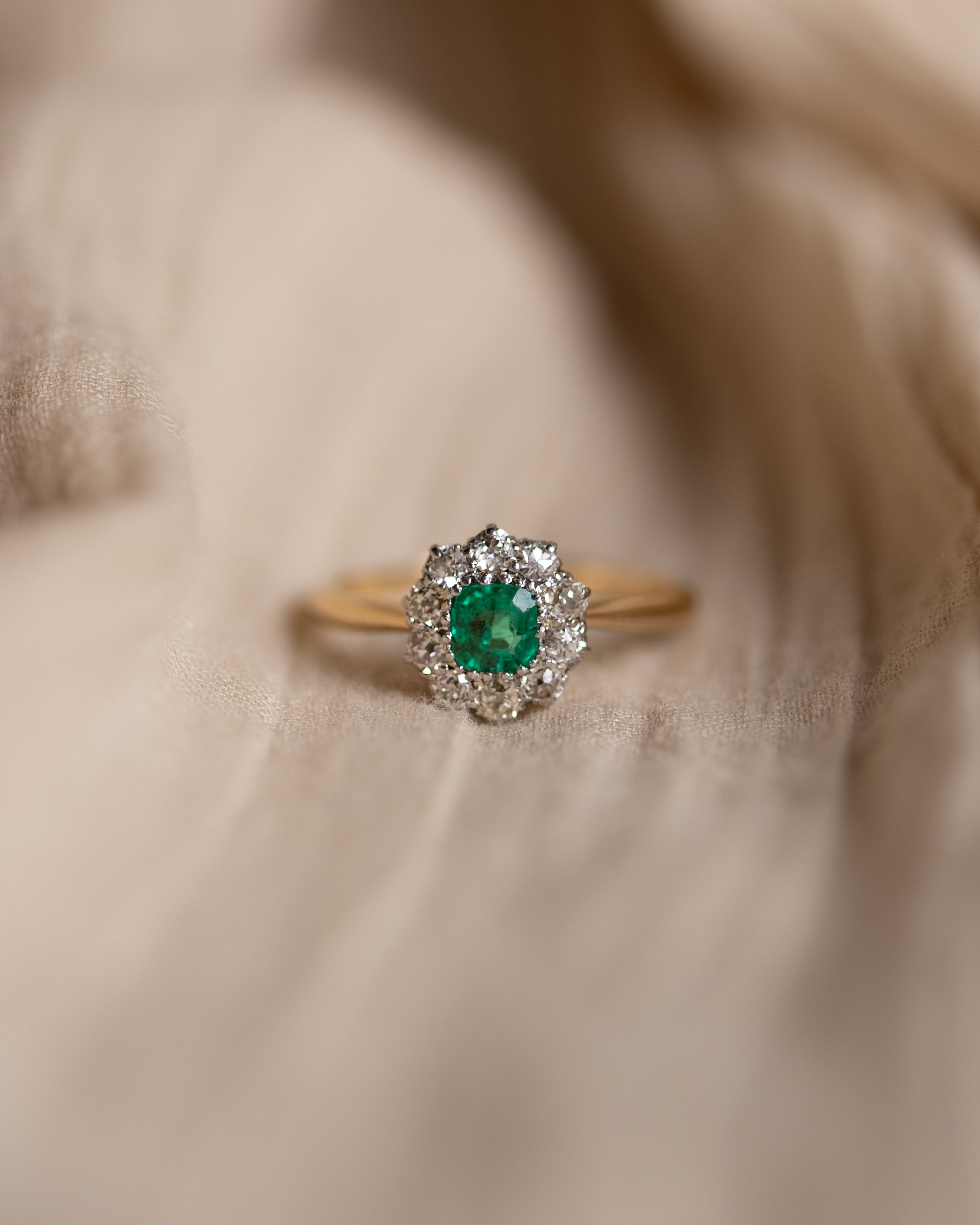 Image of Fable Antique 18ct Gold Emerald & Diamond Cluster Ring