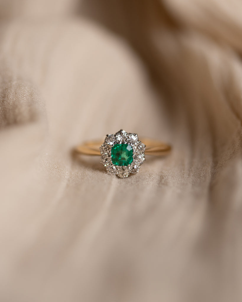 Fable Antique 18ct Gold Emerald & Diamond Cluster Ring
