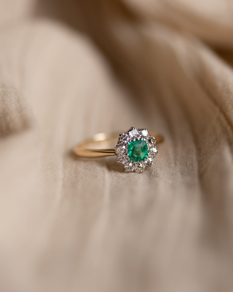Fable Antique 18ct Gold Emerald & Diamond Cluster Ring