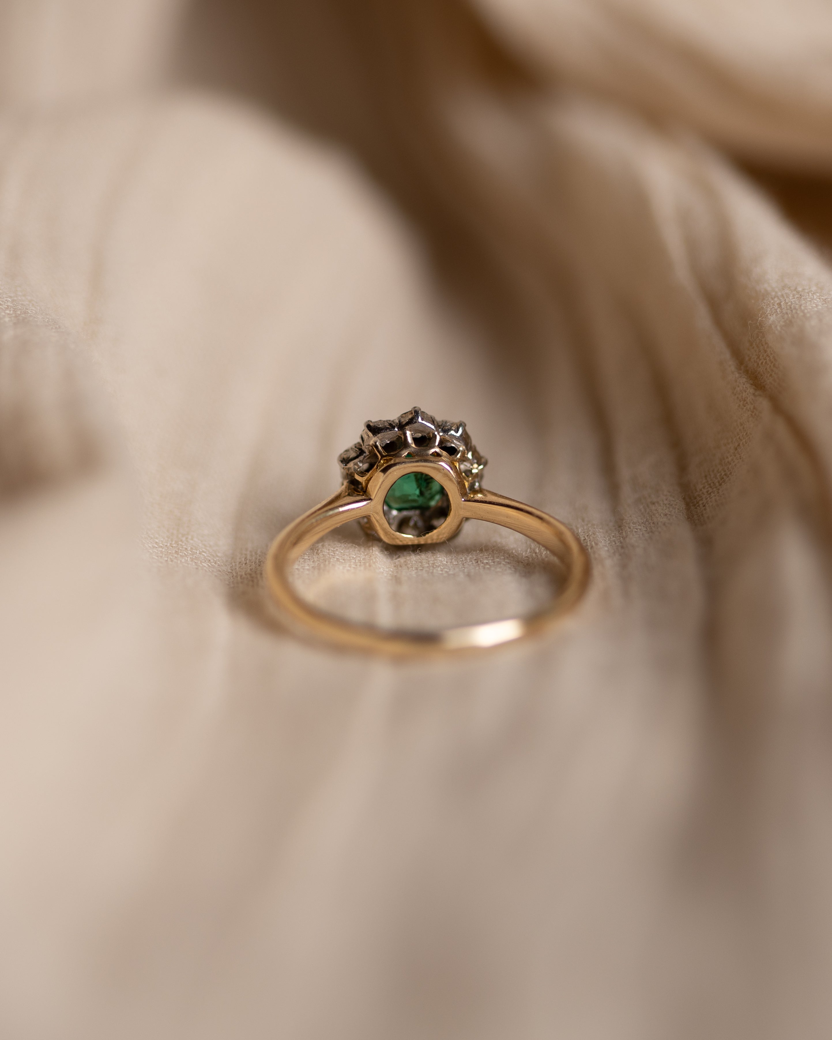 Fable Antique 18ct Gold Emerald & Diamond Cluster Ring