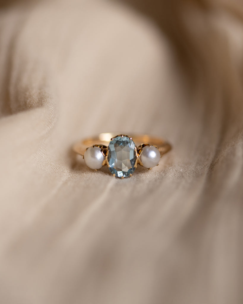 Elodie Antique 18ct Gold Aquamarine & Pearl Trilogy Ring