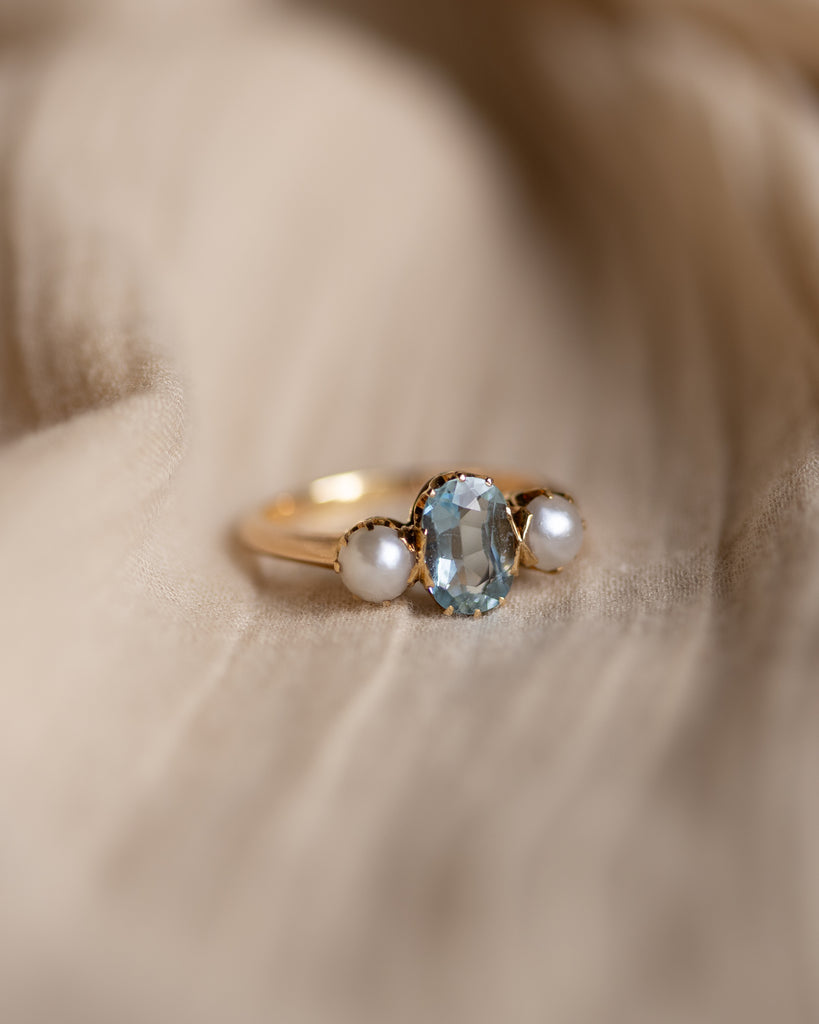 Elodie Antique 18ct Gold Aquamarine & Pearl Trilogy Ring