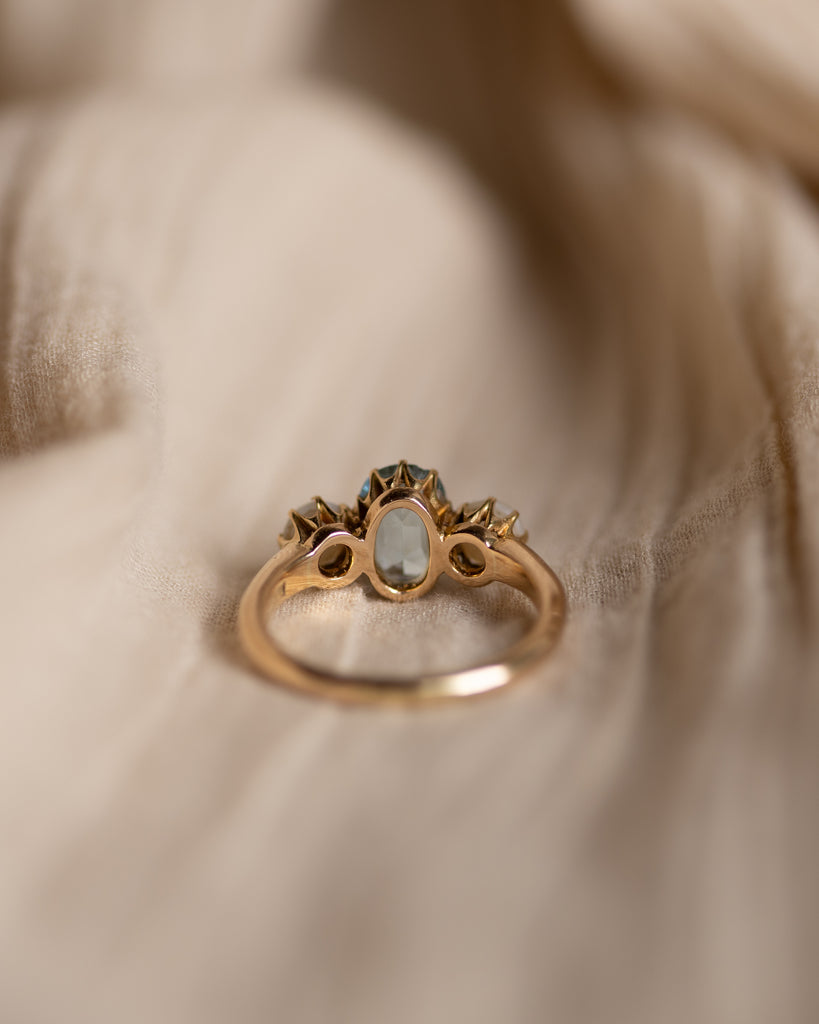 Elodie Antique 18ct Gold Aquamarine & Pearl Trilogy Ring