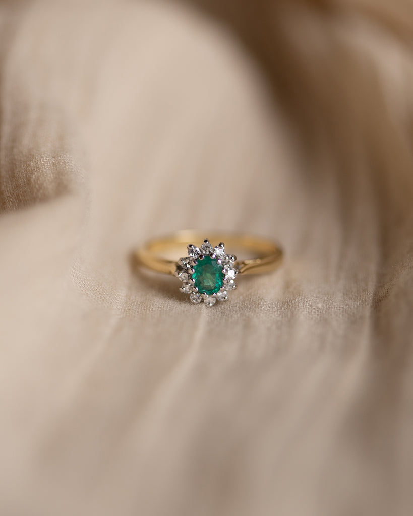 Polly 1994 Vintage 18ct Gold Emerald & Diamond Cluster Ring