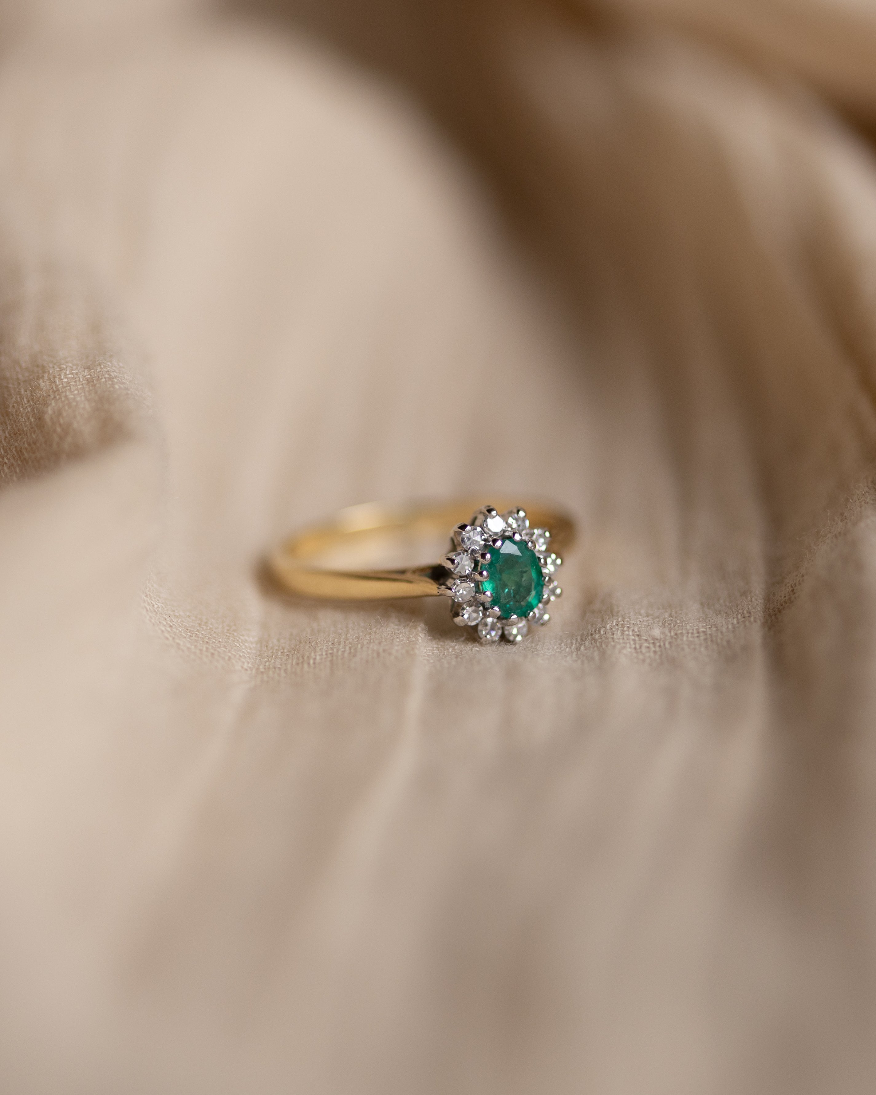 Polly 1994 Vintage 18ct Gold Emerald & Diamond Cluster Ring