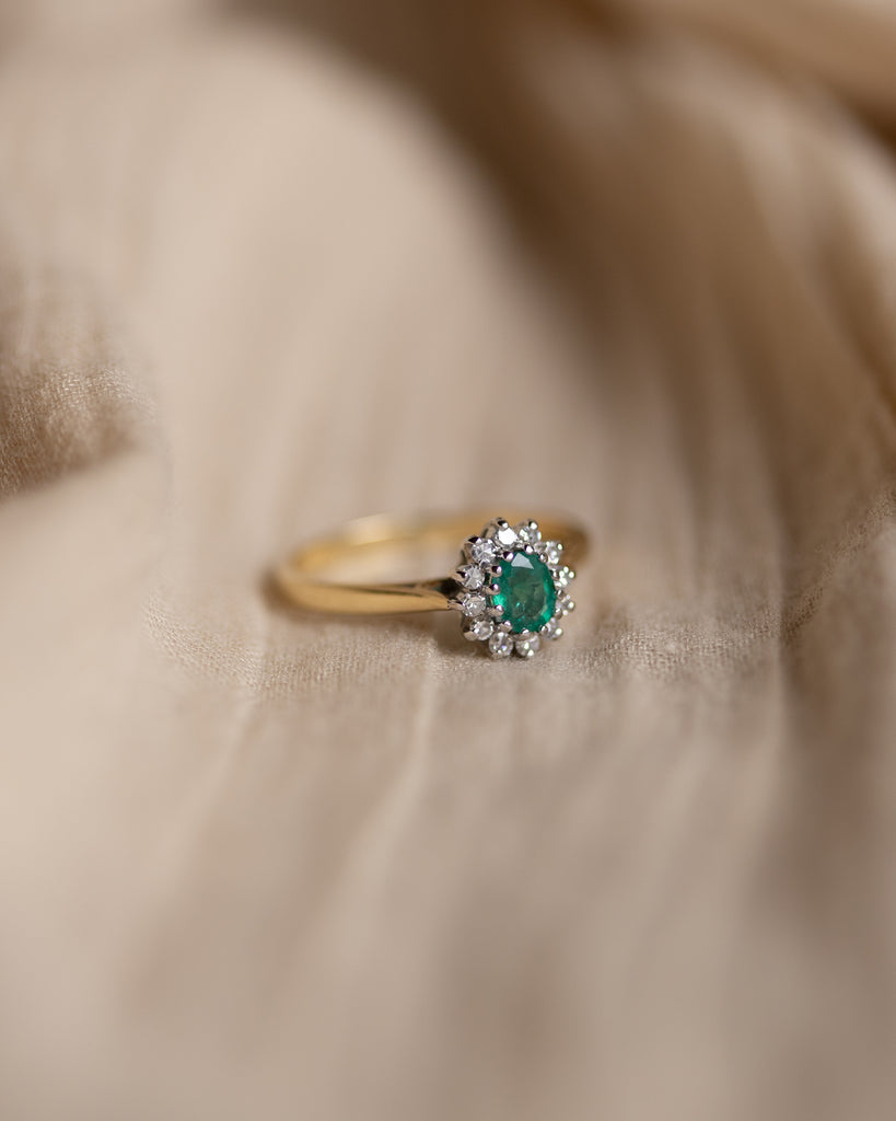 Polly 1994 Vintage 18ct Gold Emerald & Diamond Cluster Ring