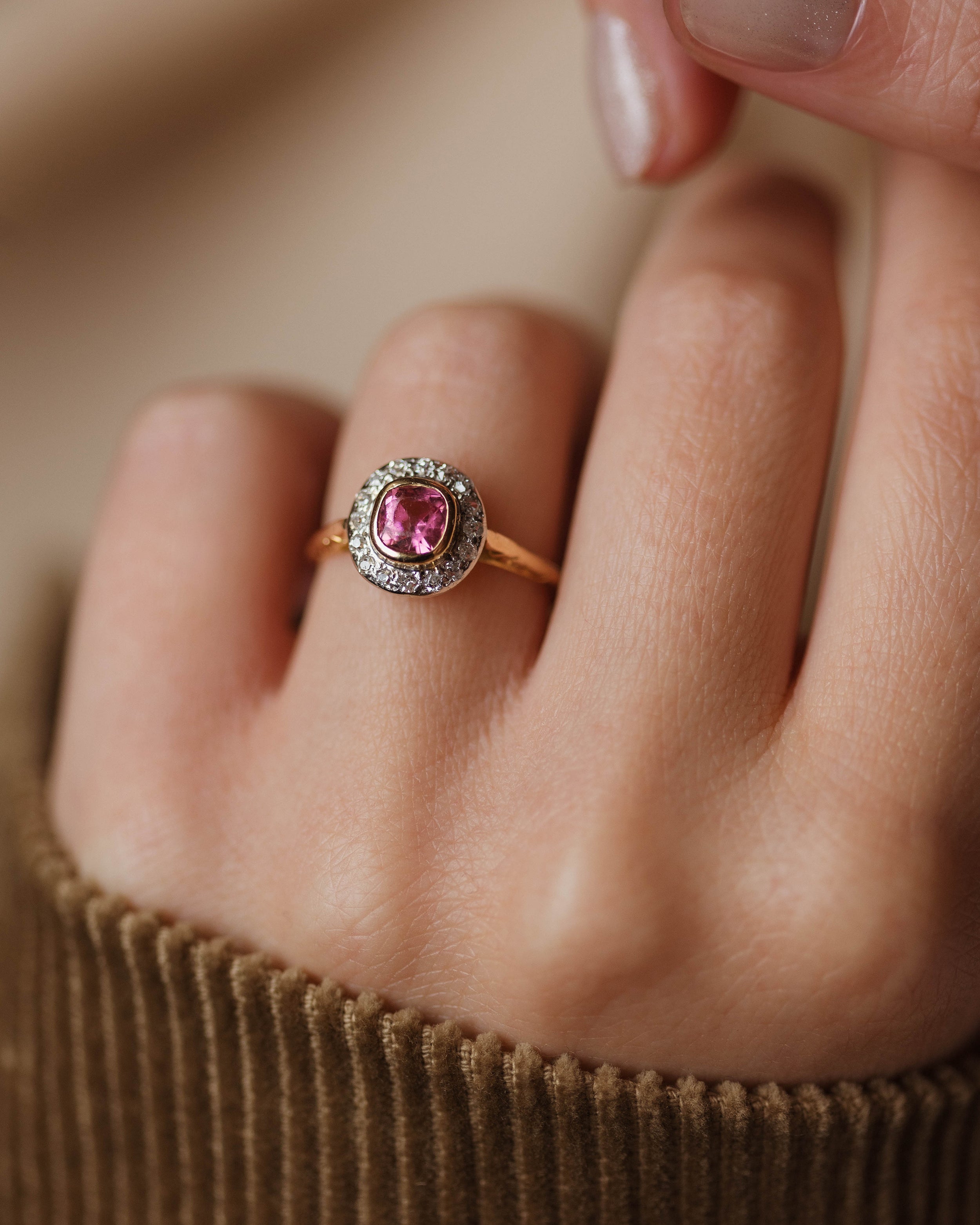 Almina Antique 18ct Gold Pink Tourmaline & Diamond Cluster Ring