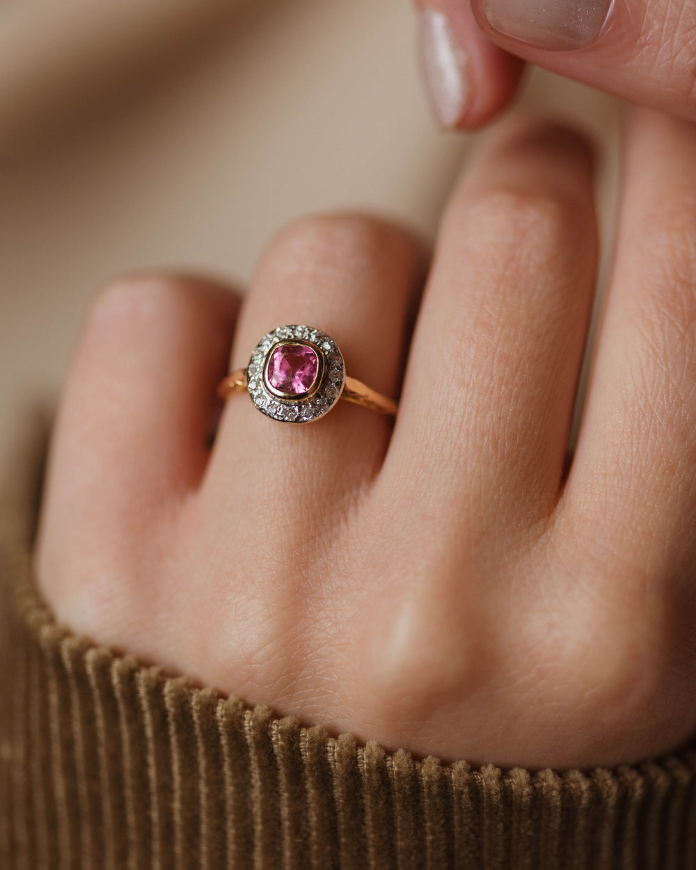 Almina Antique 18ct Gold Pink Tourmaline & Diamond Cluster Ring