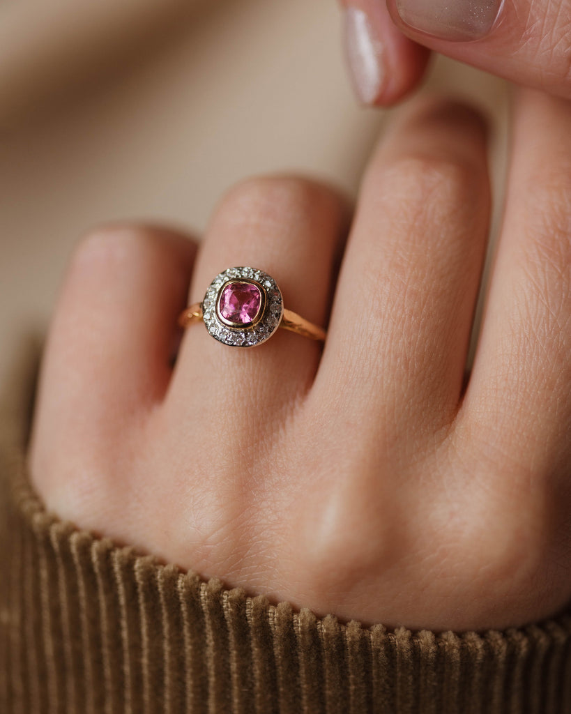 Almina Antique 18ct Gold Pink Tourmaline & Diamond Cluster Ring