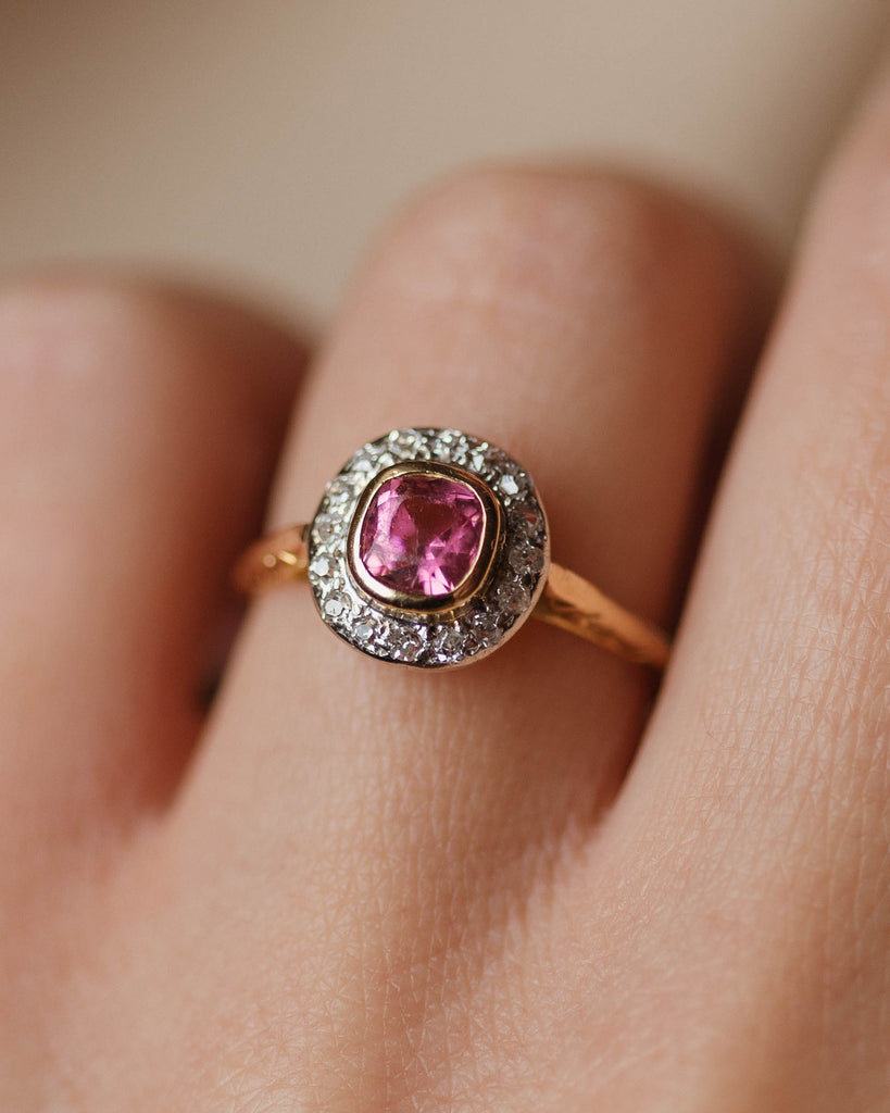 Almina Antique 18ct Gold Pink Tourmaline & Diamond Cluster Ring