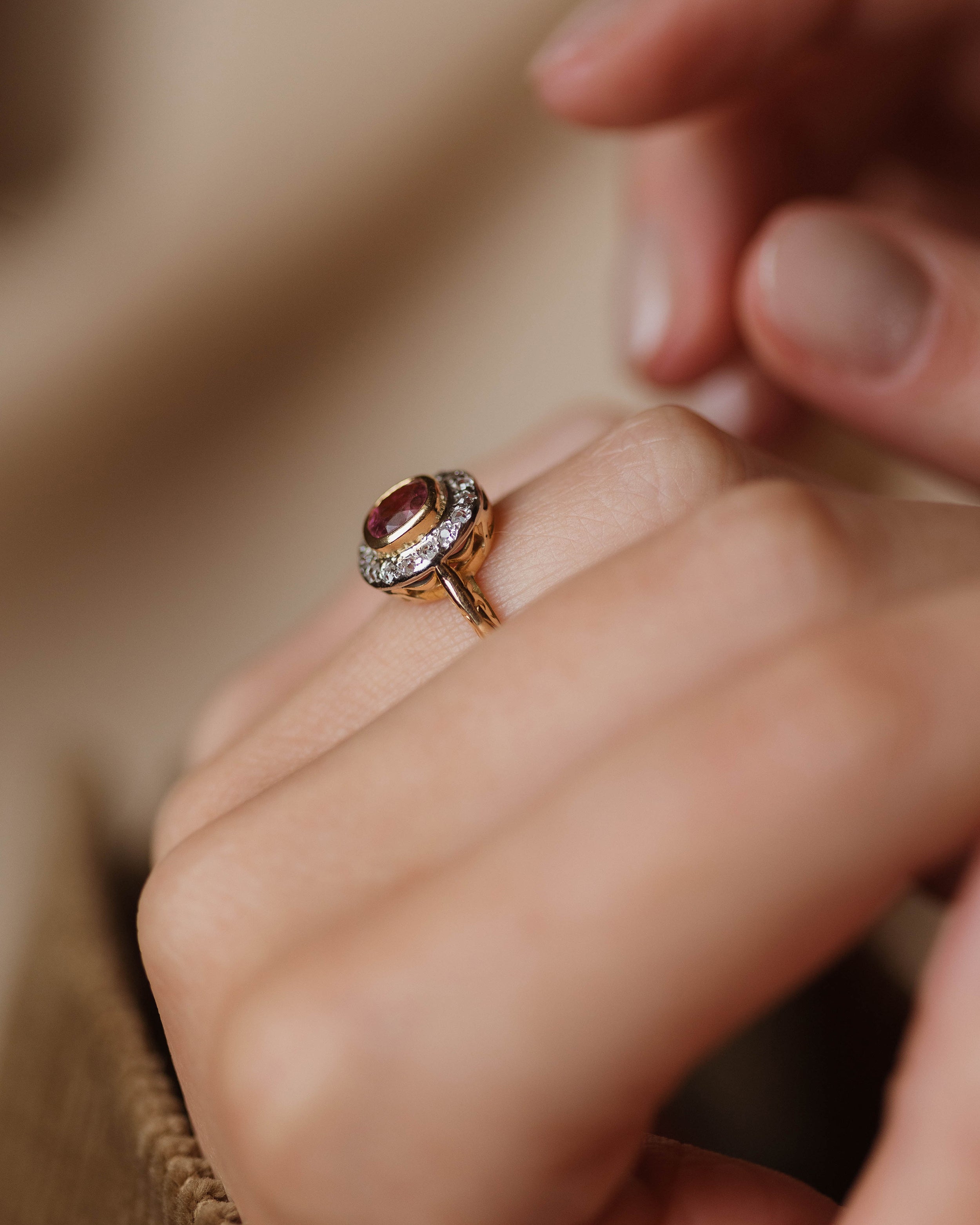 Almina Antique 18ct Gold Pink Tourmaline & Diamond Cluster Ring