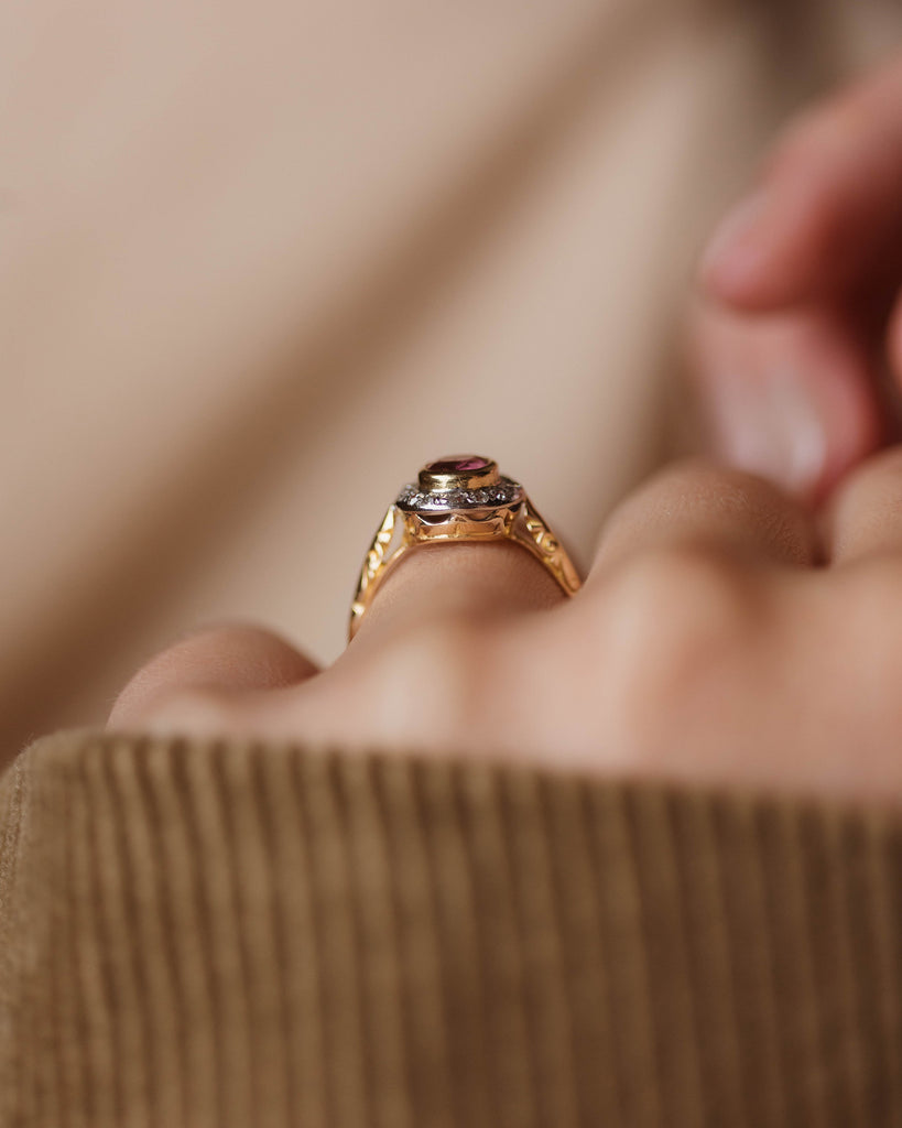 Almina Antique 18ct Gold Pink Tourmaline & Diamond Cluster Ring