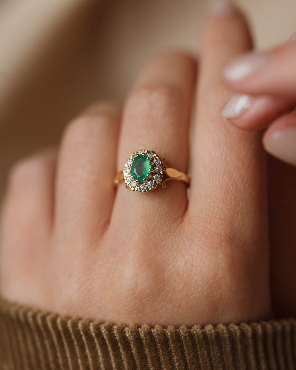Phoebe Vintage 9ct Gold Emerald & CZ Cluster Ring