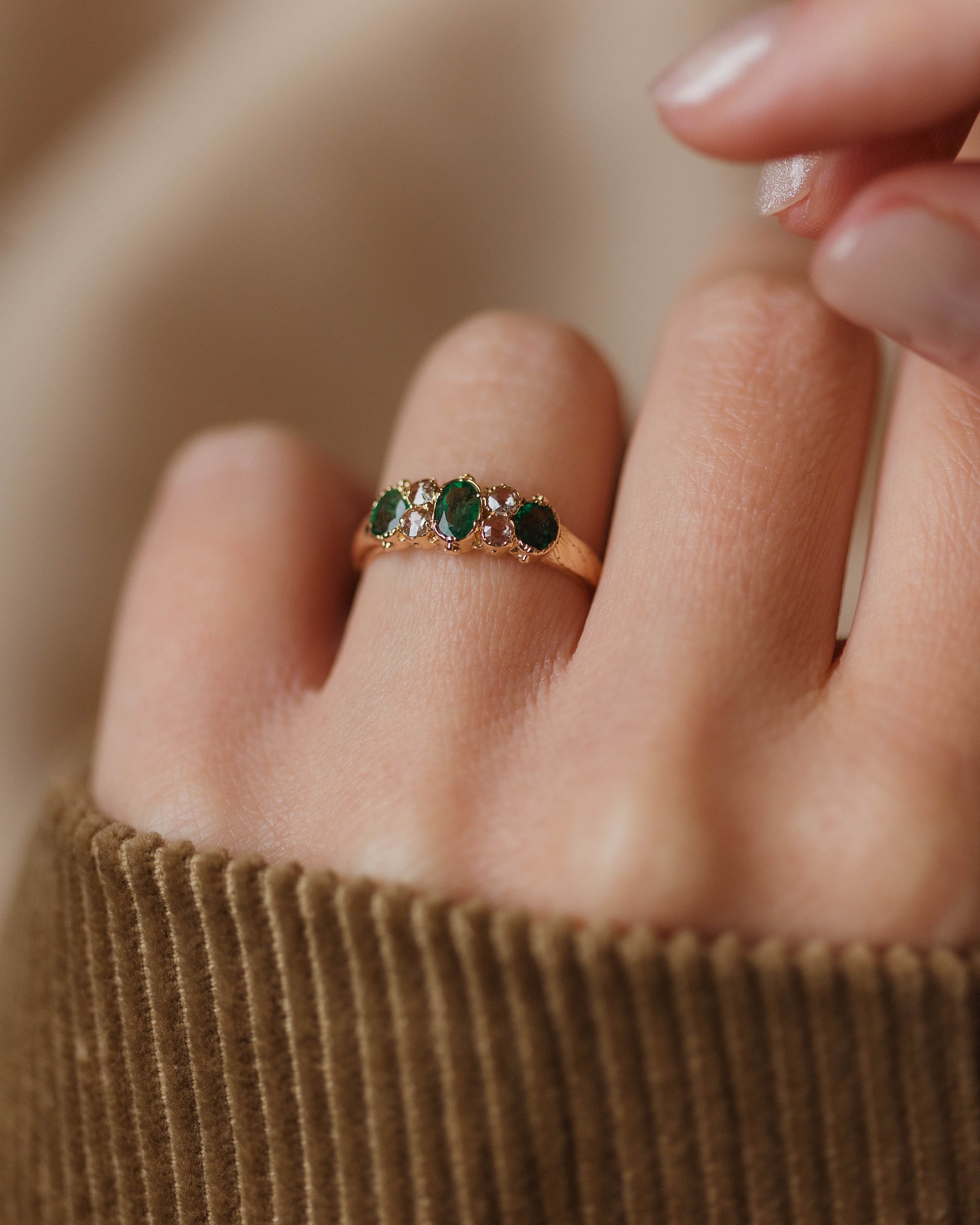 Image of Alva Antique Victorian 15ct Gold Emerald & Diamond Seven Stone Ring