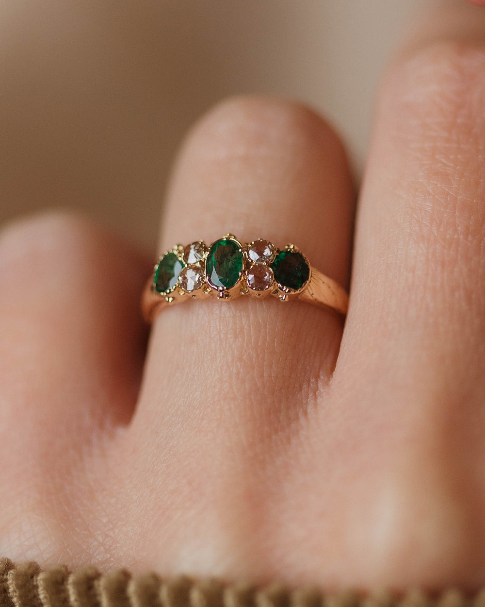 Alva Antique Victorian 15ct Gold Emerald & Diamond Seven Stone Ring