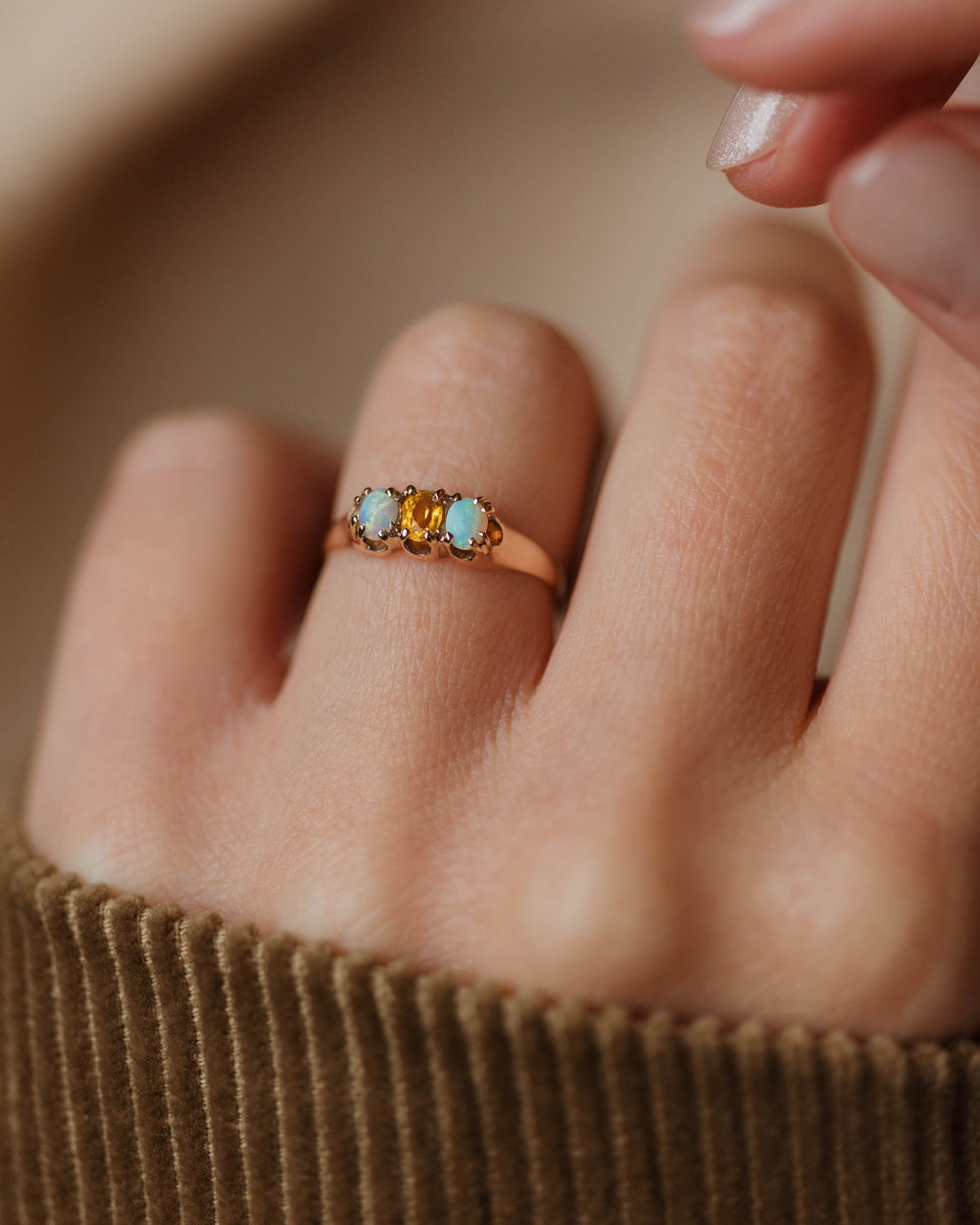 Clarice Vintage 9ct Gold Citrine & Opal Trilogy Ring