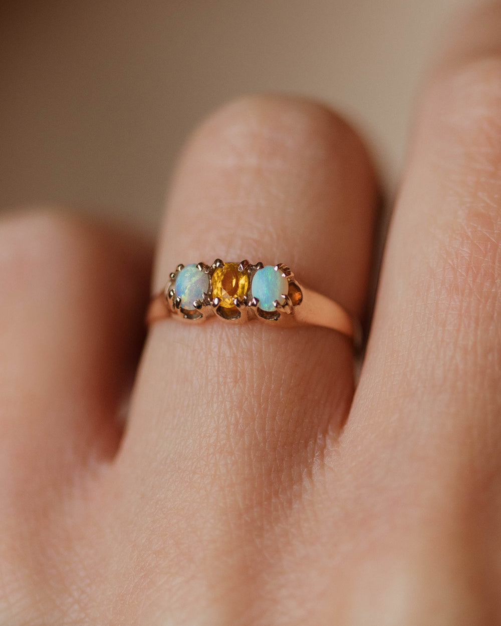 Clarice Vintage 9ct Gold Citrine & Opal Trilogy Ring