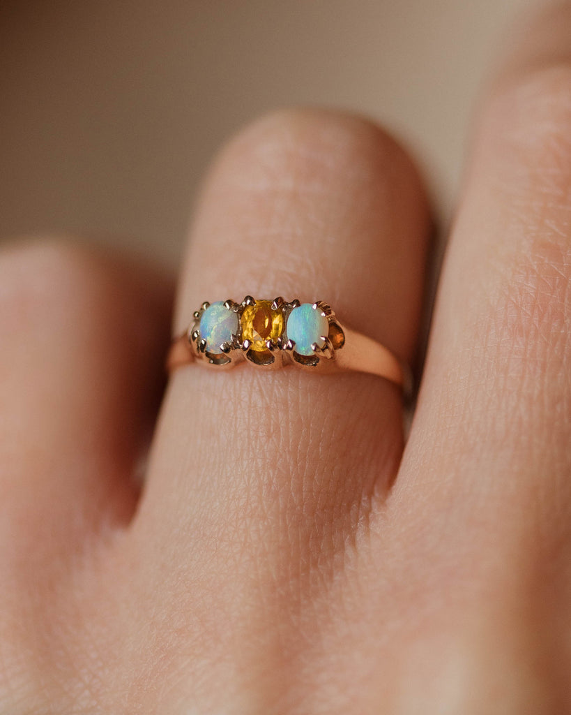 Clarice Vintage 9ct Gold Citrine & Opal Trilogy Ring
