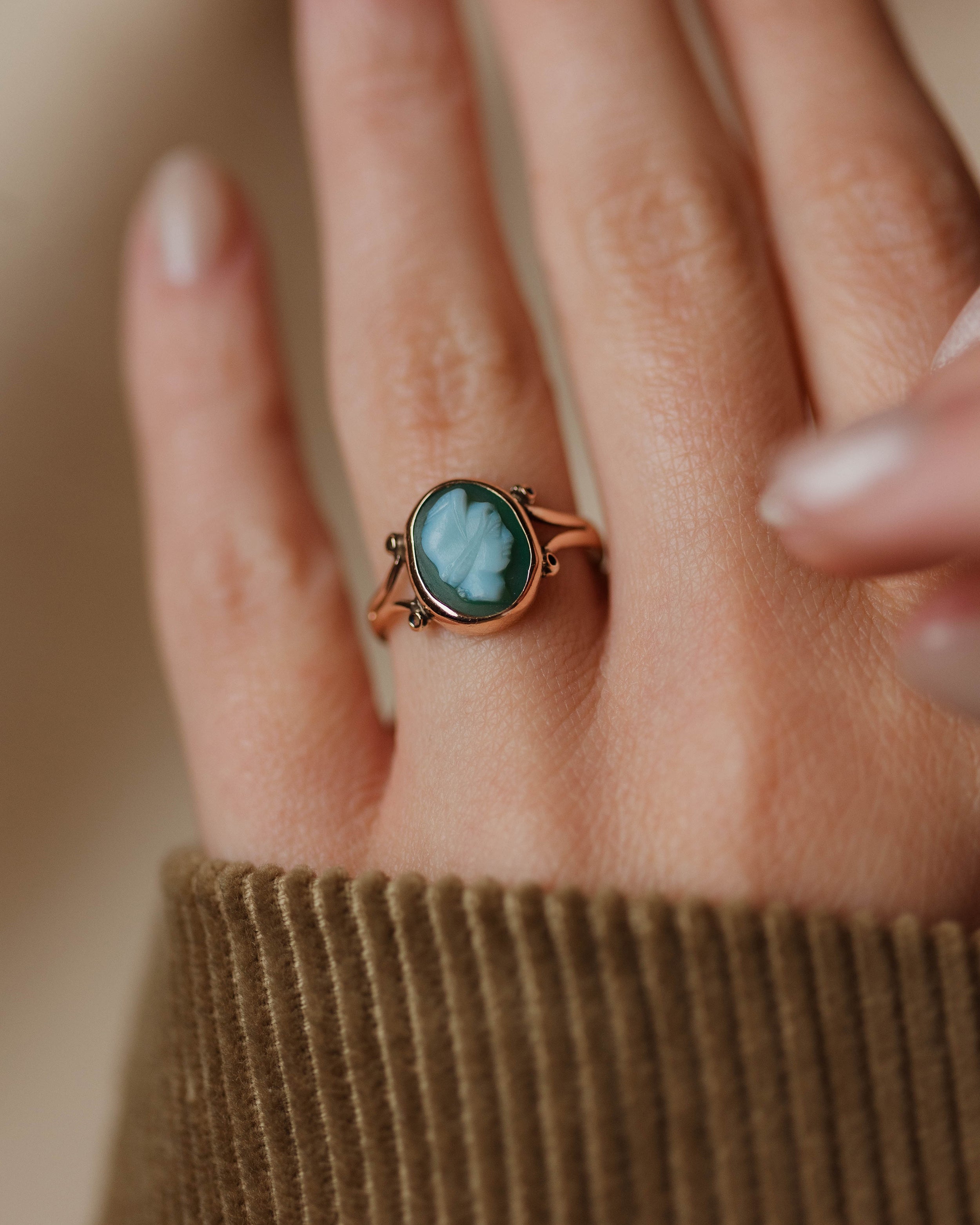 Gladys Antique 9ct Gold Chrysoprase Cameo Ring