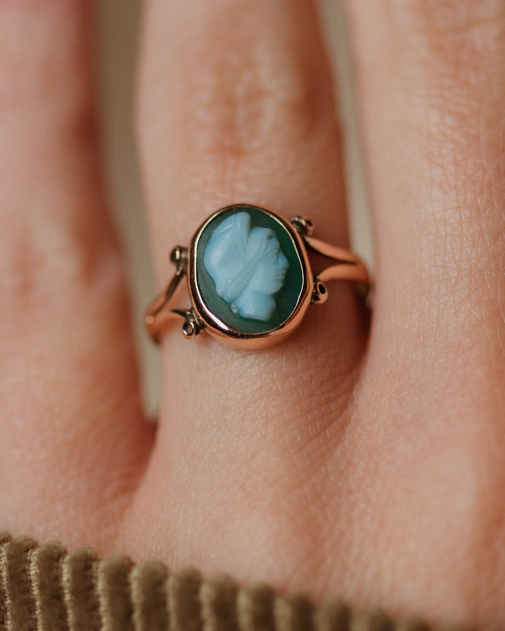 Gladys Antique 9ct Gold Chrysoprase Cameo Ring